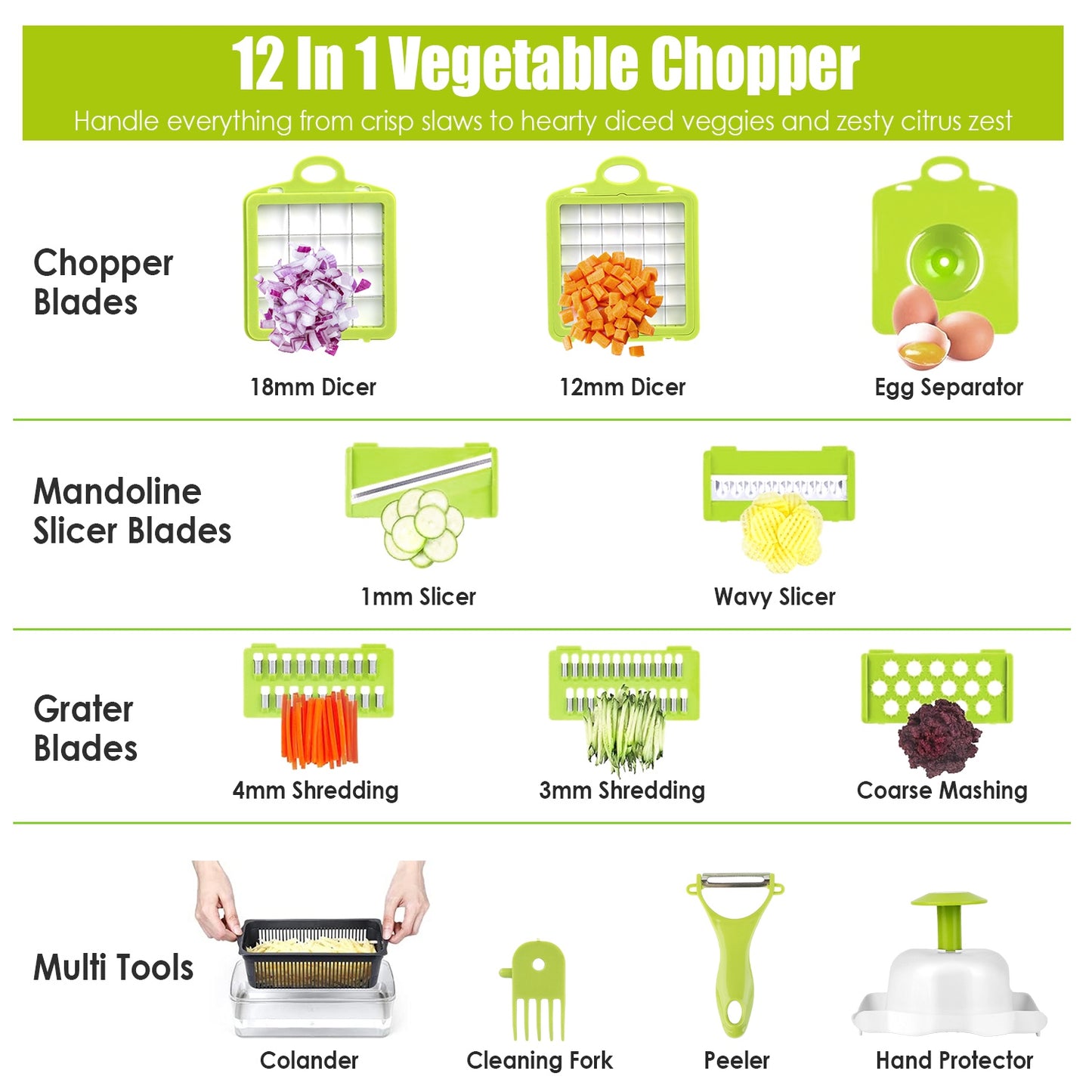 12-in-1 Vegetable Chopper Set with Container – Slicer, Dicer, Grater & Peeler