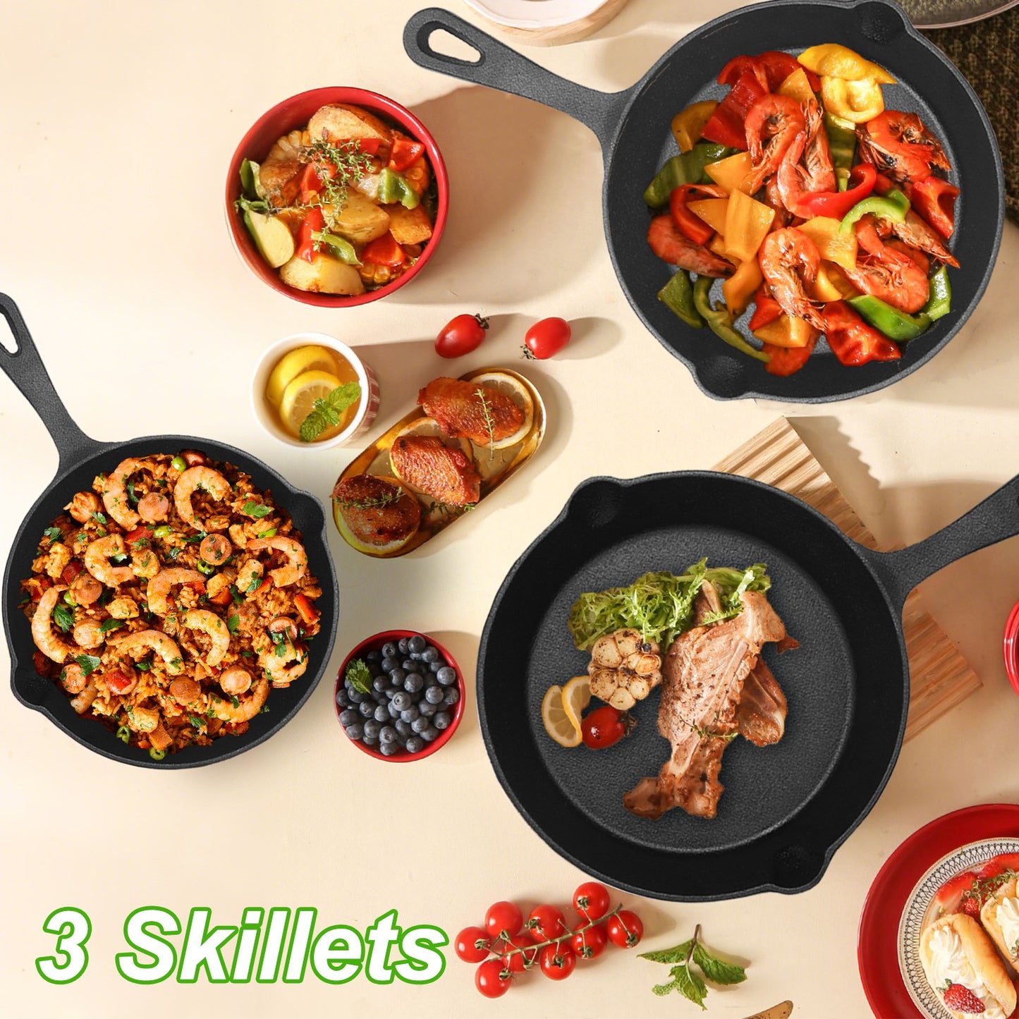 3-Piece Pre-Seasoned Cast Iron Skillet Set – 6in, 8in, 10in Frying Pans