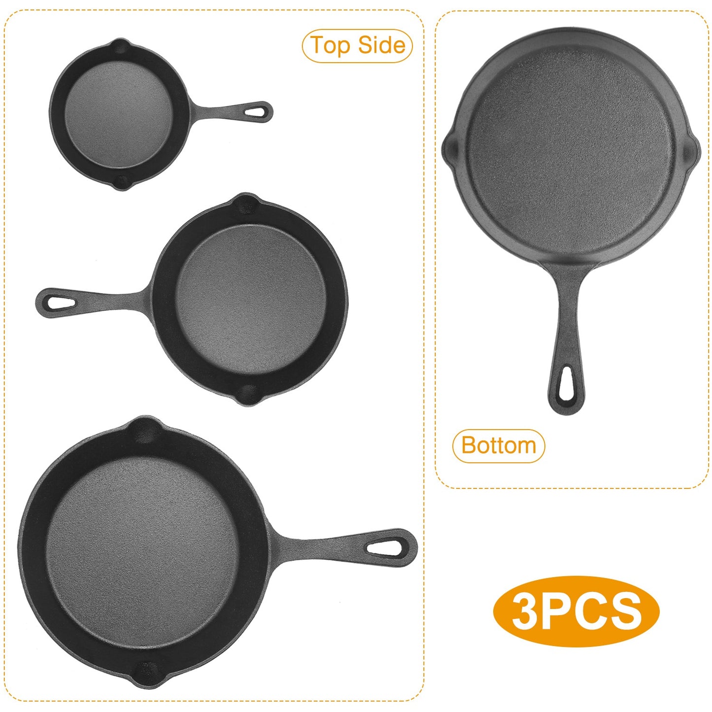 3-Piece Pre-Seasoned Cast Iron Skillet Set – 6in, 8in, 10in Frying Pans