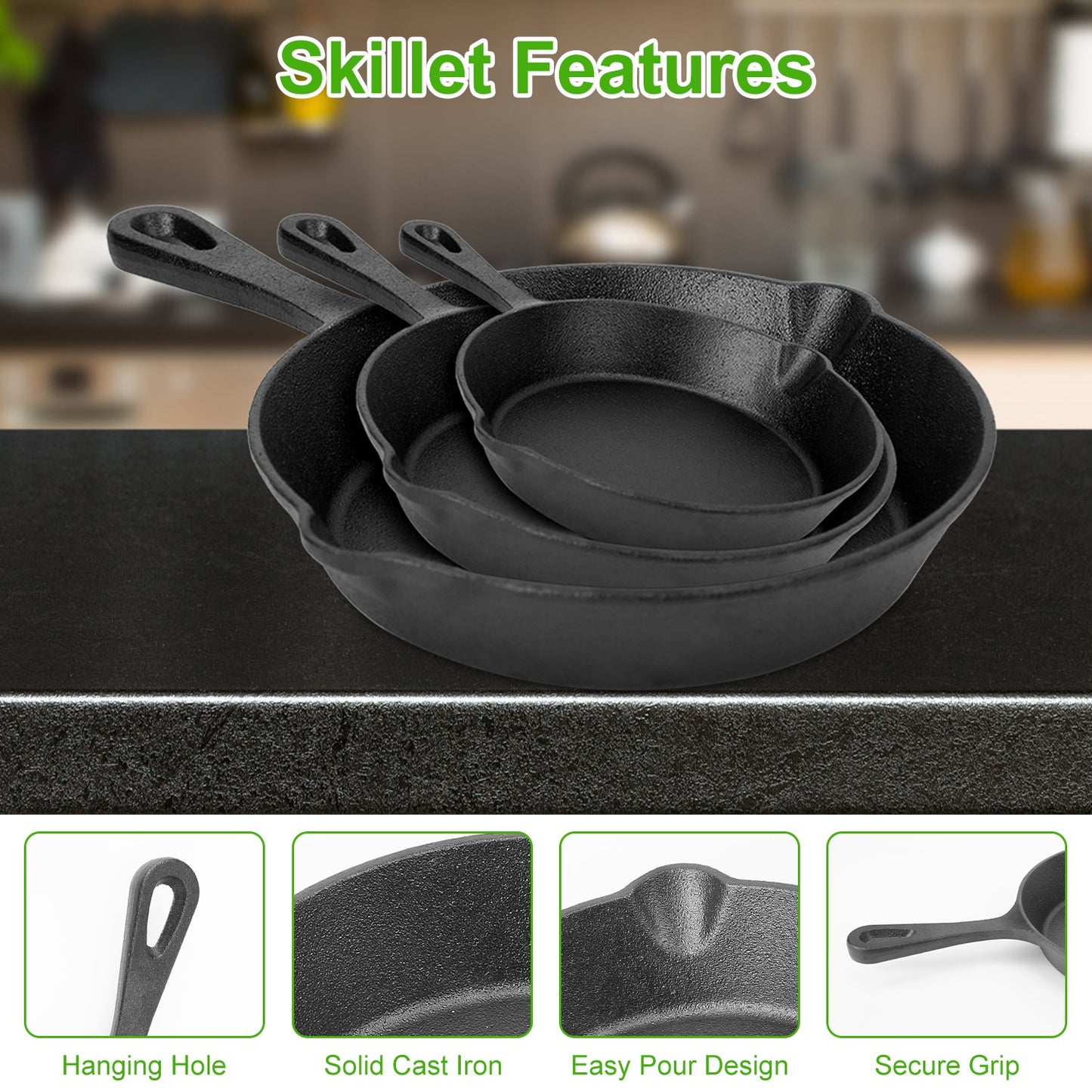 3-Piece Pre-Seasoned Cast Iron Skillet Set – 6in, 8in, 10in Frying Pans