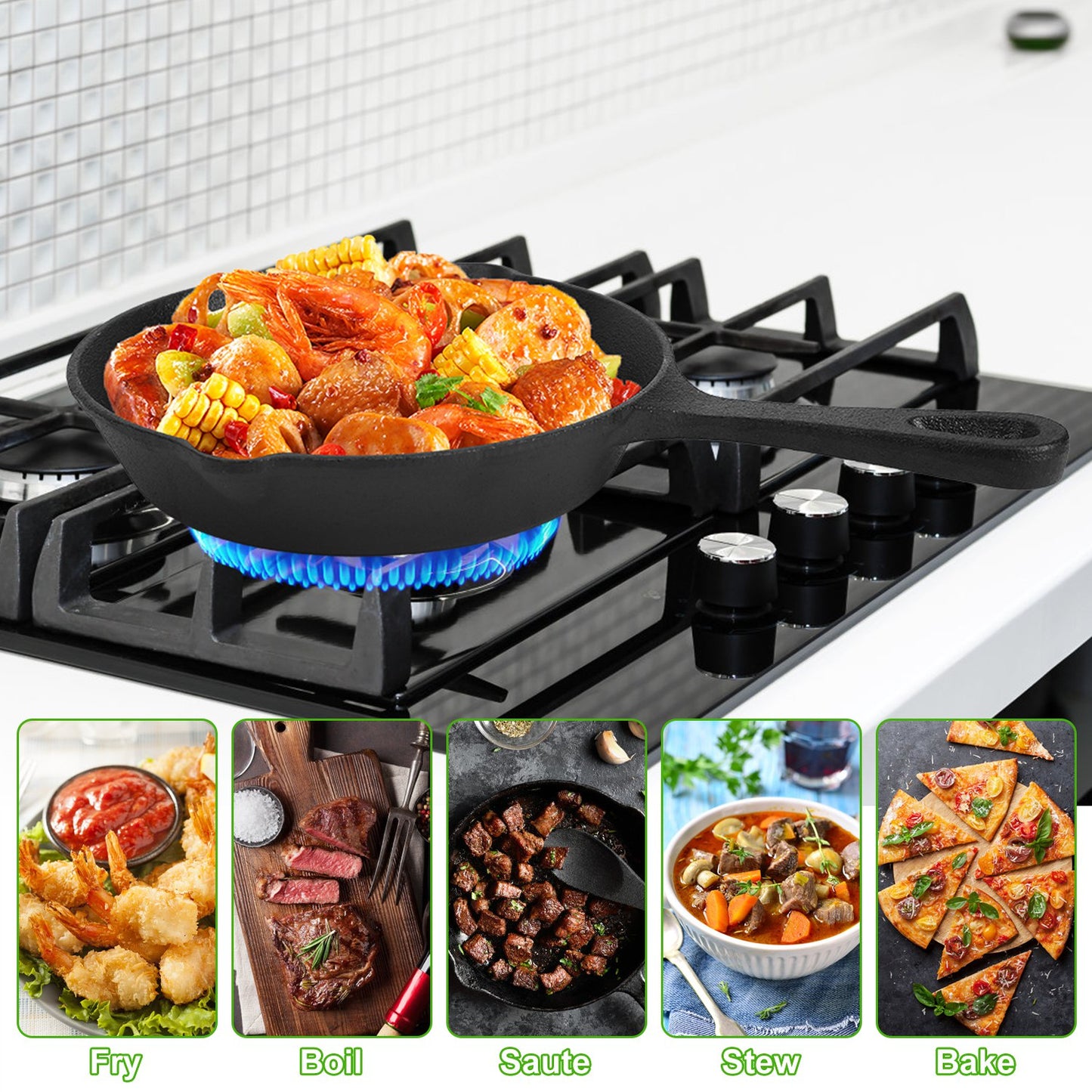 3-Piece Pre-Seasoned Cast Iron Skillet Set – 6in, 8in, 10in Frying Pans