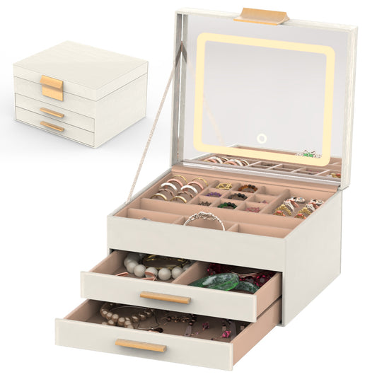 LED Jewelry Box with 3-Layer Organizer & Dimmable Mirror