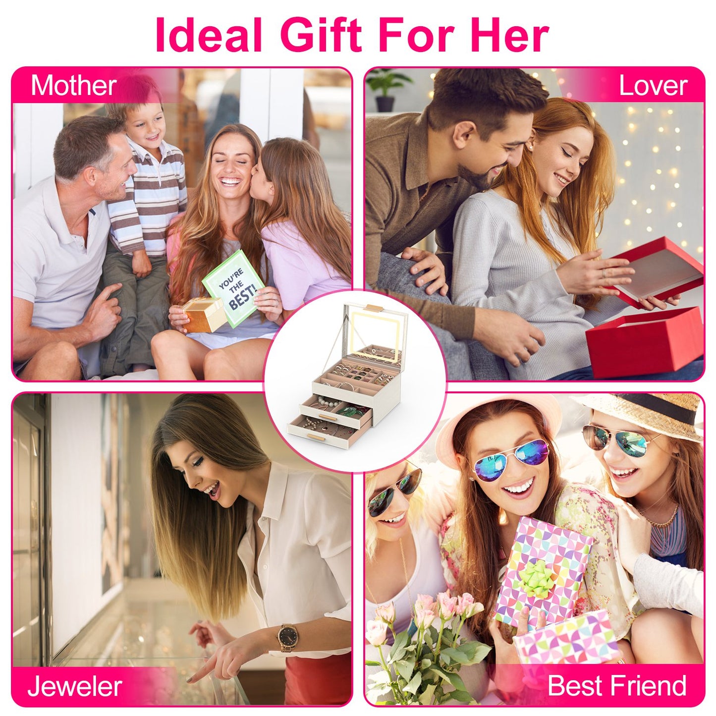 LED Jewelry Box with 3-Layer Organizer & Dimmable Mirror