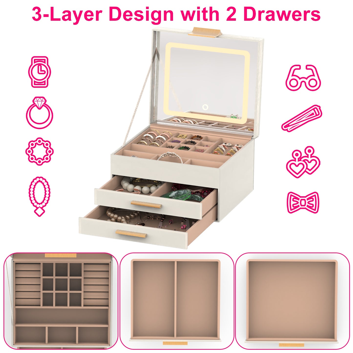 LED Jewelry Box with 3-Layer Organizer & Dimmable Mirror
