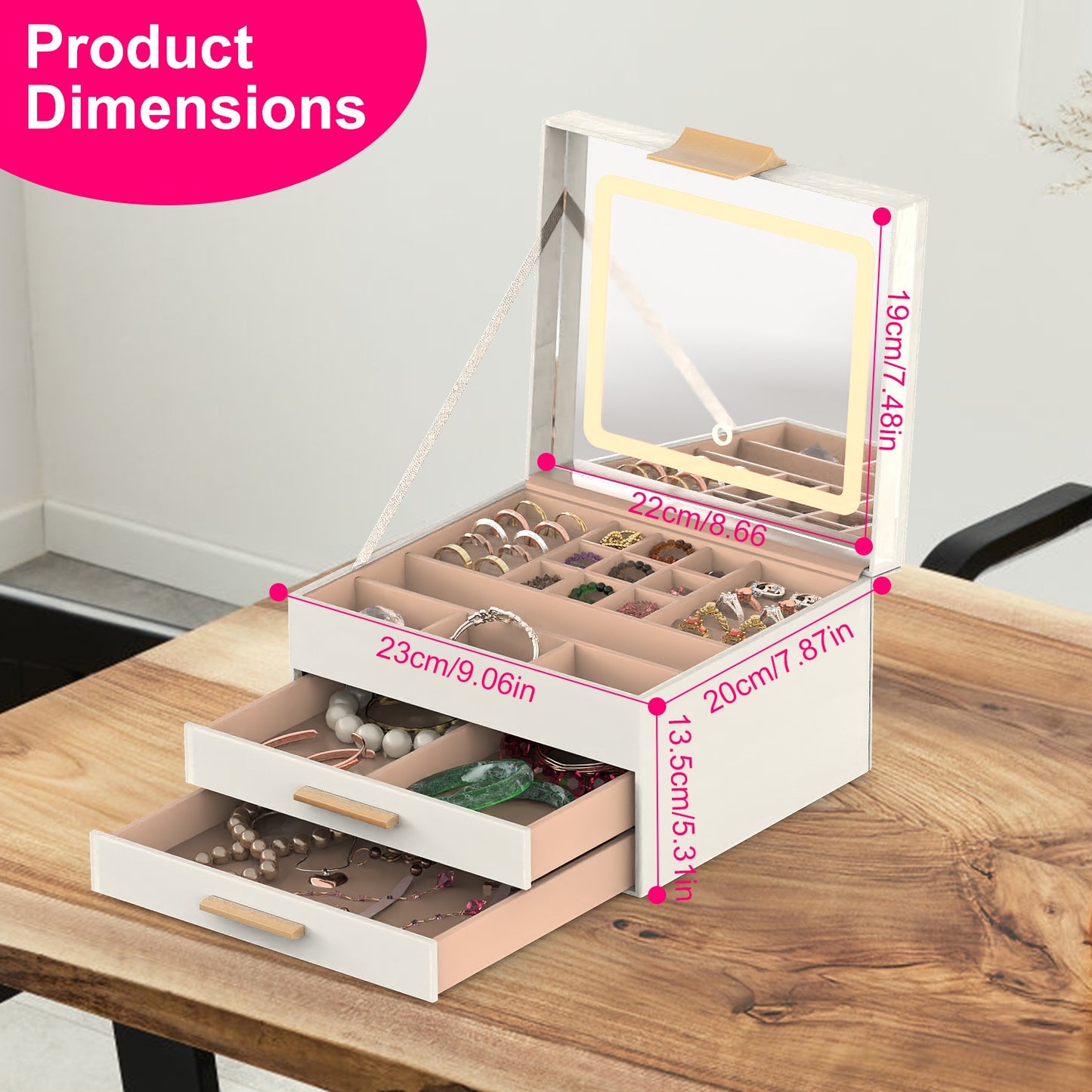 LED Jewelry Box with 3-Layer Organizer & Dimmable Mirror