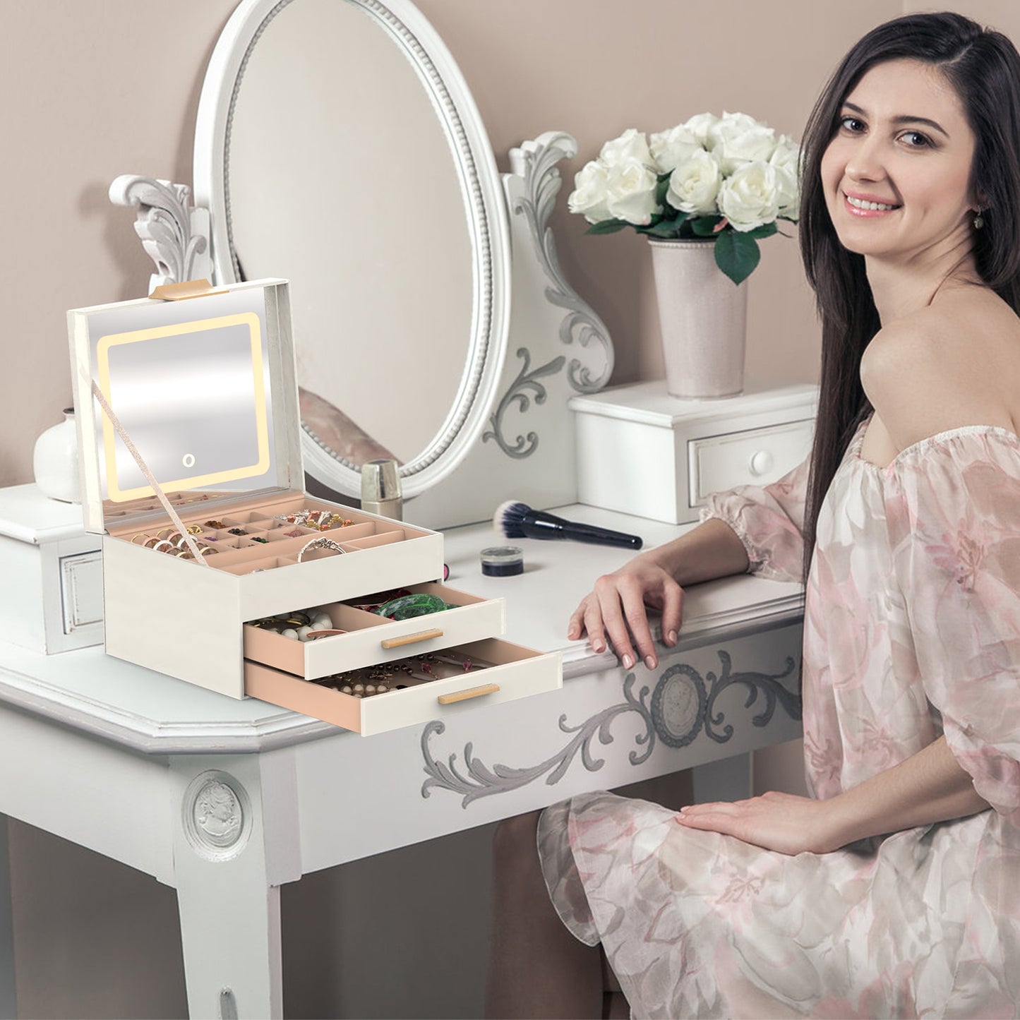 LED Jewelry Box with 3-Layer Organizer & Dimmable Mirror