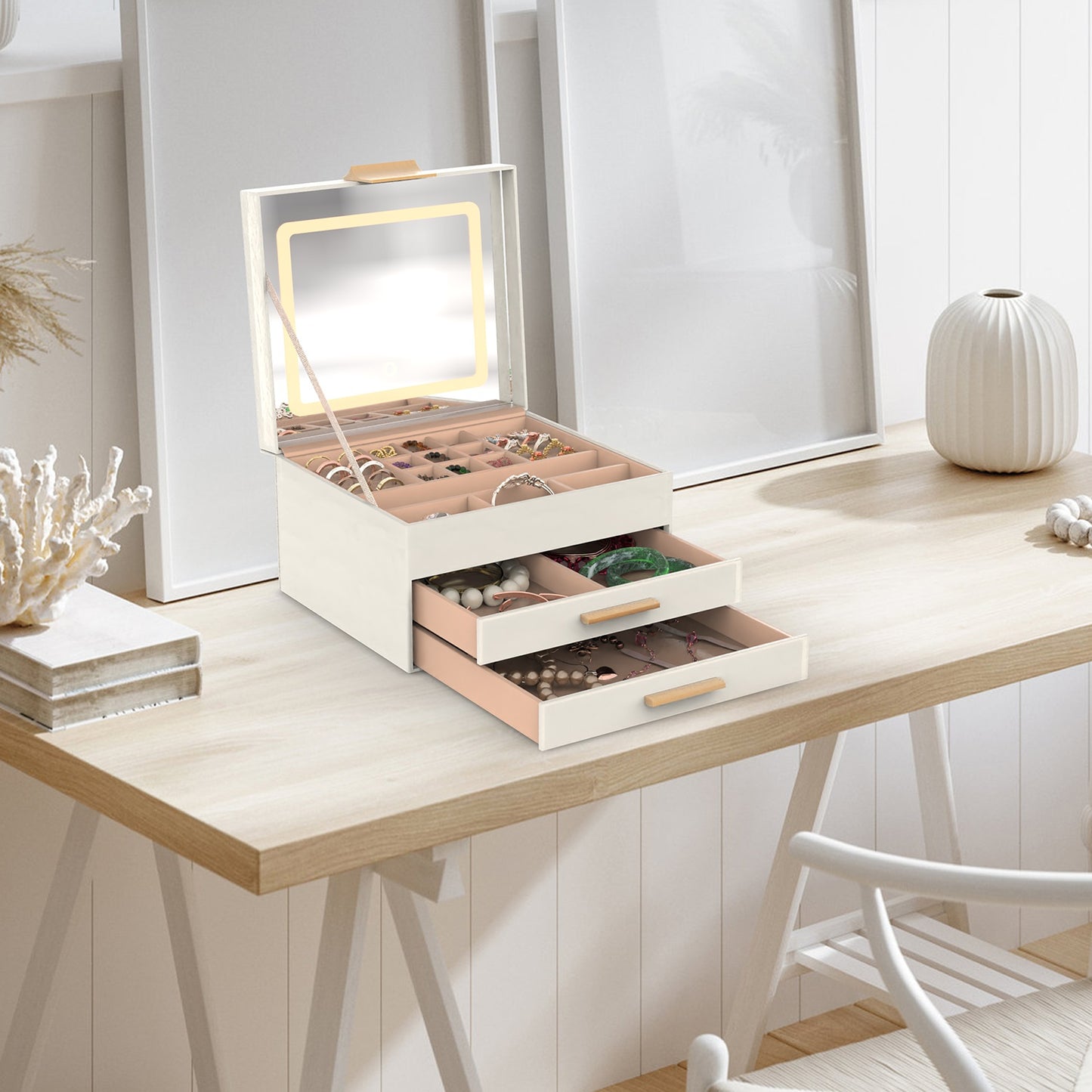 LED Jewelry Box with 3-Layer Organizer & Dimmable Mirror