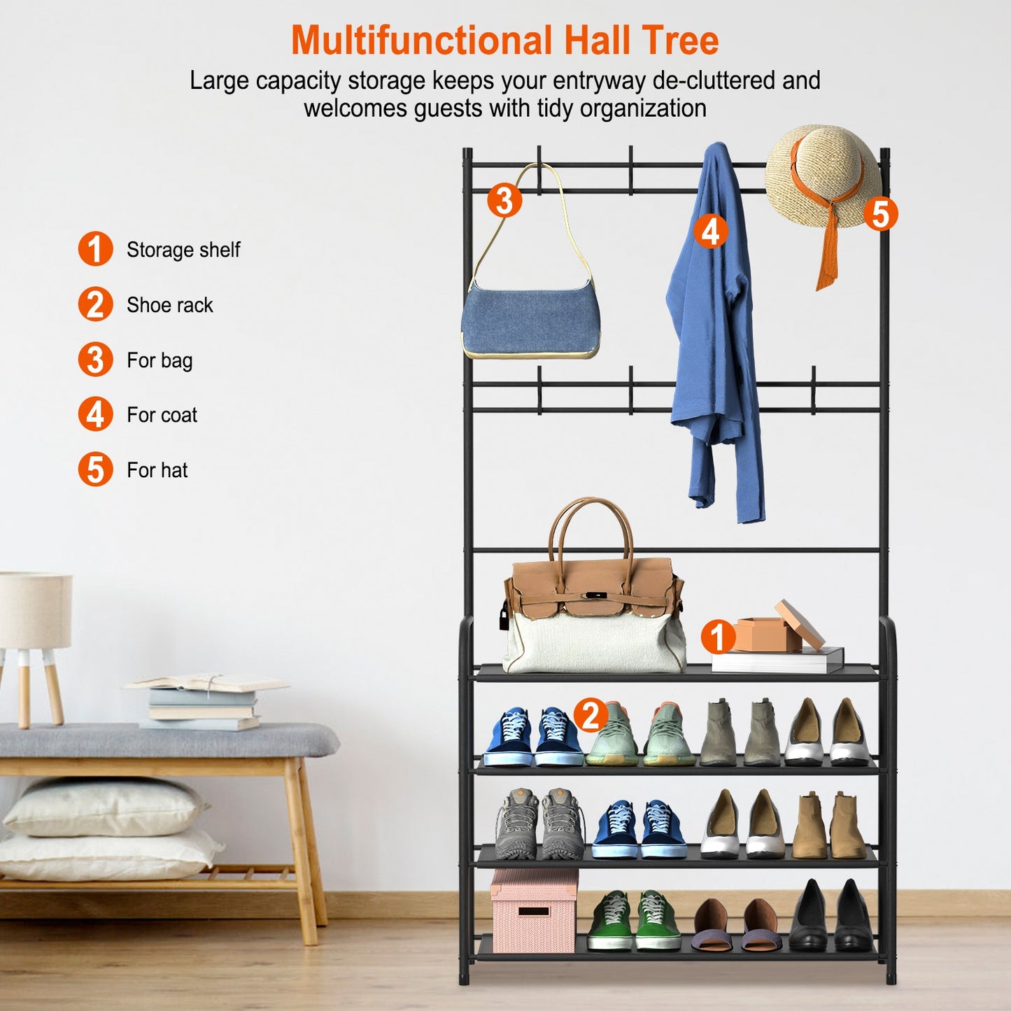 5-Tier Entryway Coat & Hat Rack with Shoe Storage – Freestanding Hall Tree Organizer