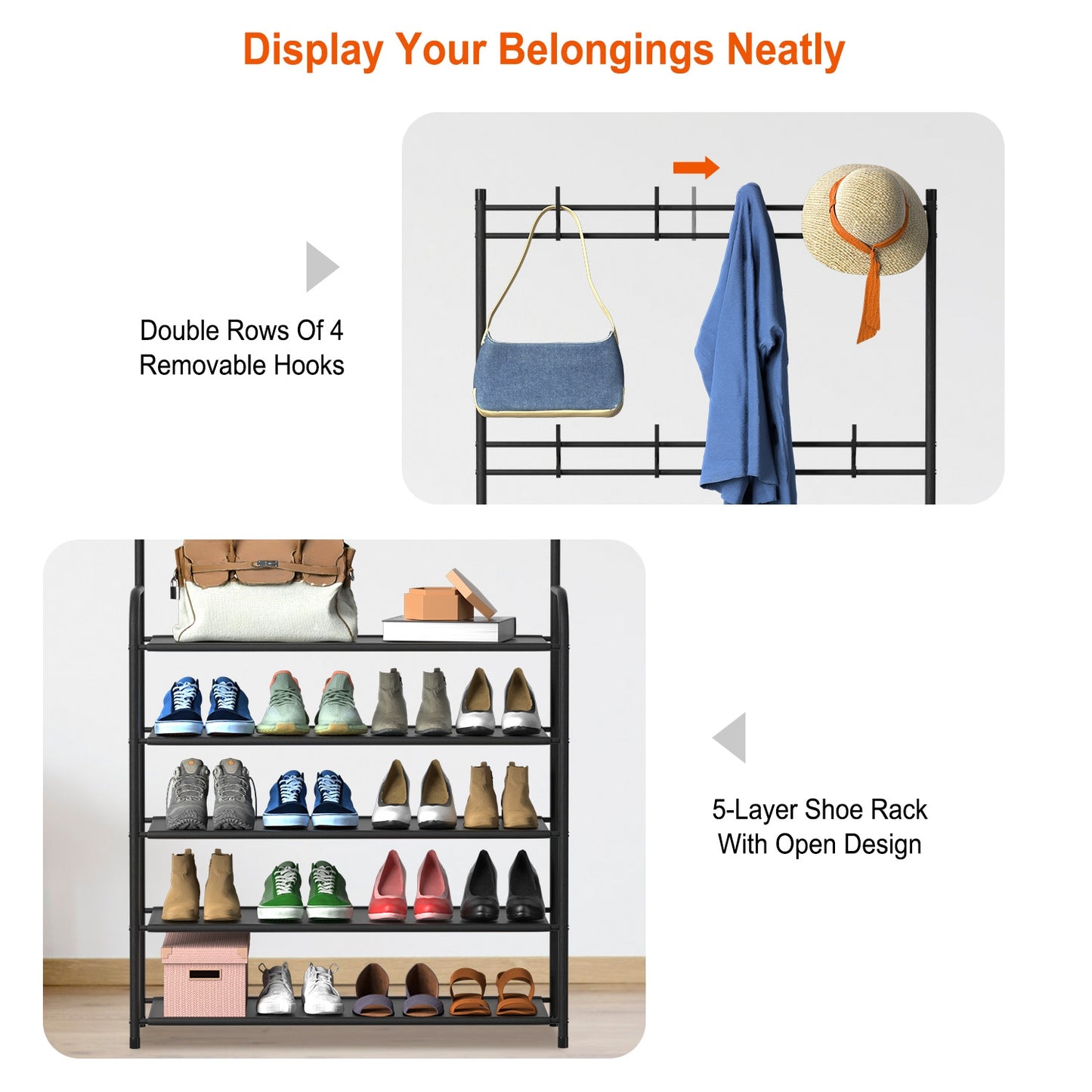 5-Tier Entryway Coat & Hat Rack with Shoe Storage – Freestanding Hall Tree Organizer