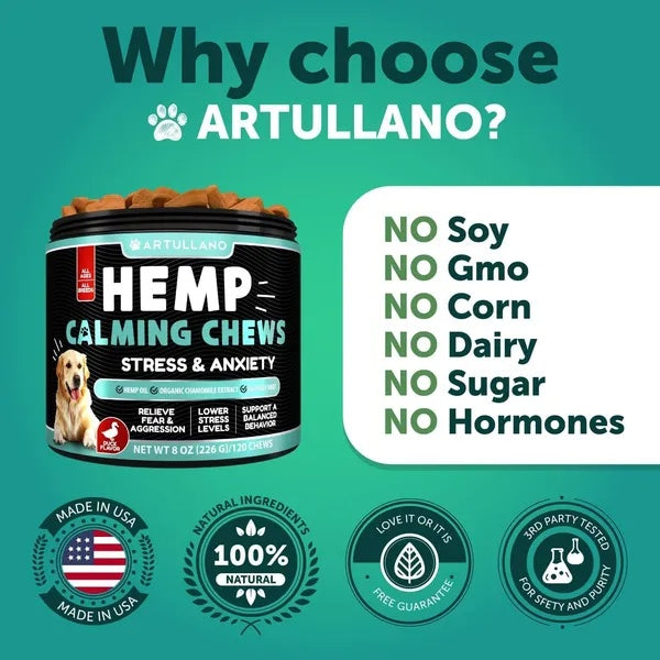 Hemp Calming Chews for Dogs – Anxiety Relief & Joint Support with Hemp Oil, Turmeric, Valerian & Ginger – 120 Soft Treats