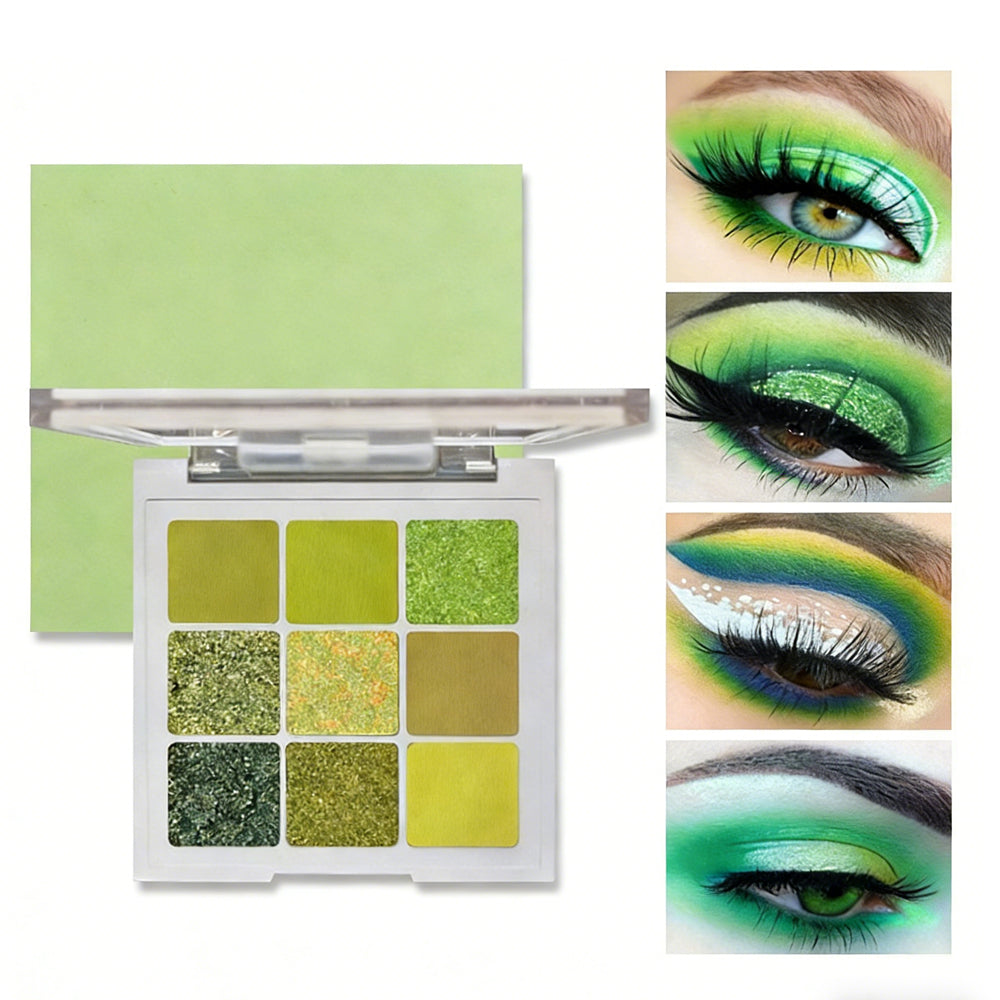 9-Color Green Eyeshadow Palette | Neutral Matte, Shimmer & Glitter Shades for Green Eyes