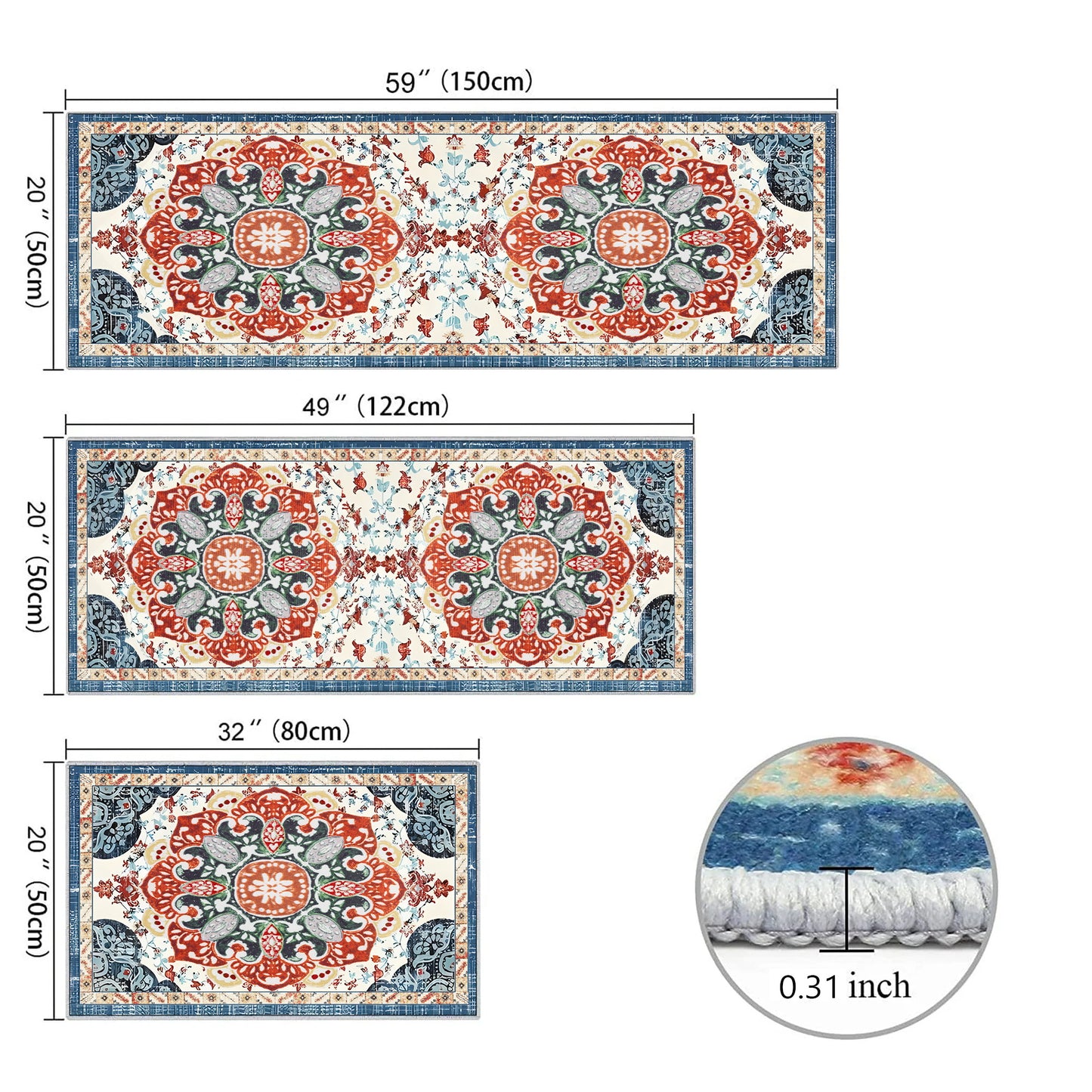 Boho 3-Piece Kitchen Rug Set – Washable Non-Slip Floor Mats with TPR Backing for Kitchen, Laundry & Hallway