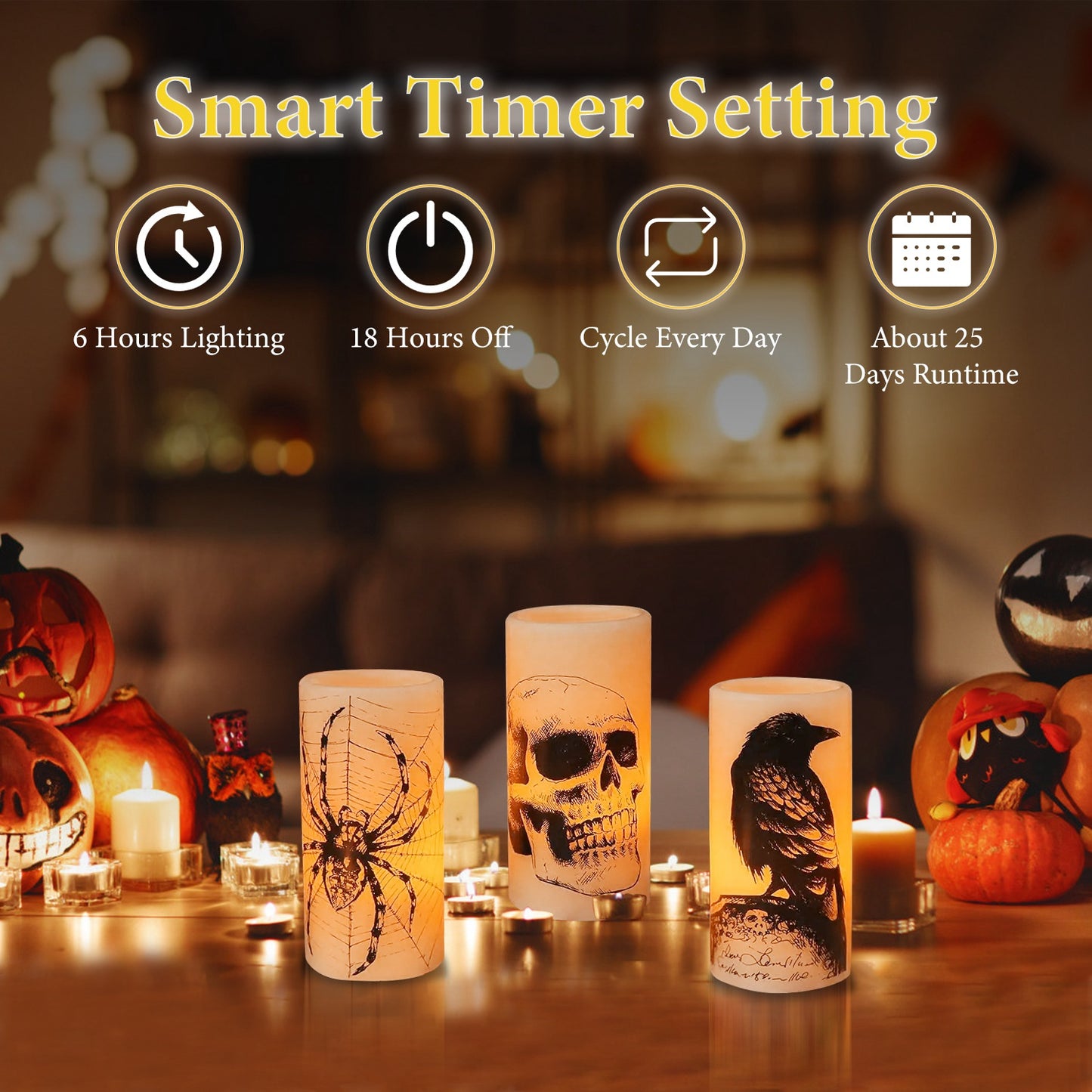 3-Pack Halloween Flameless Candles – Battery Operated Warm Orange LED with Timer
