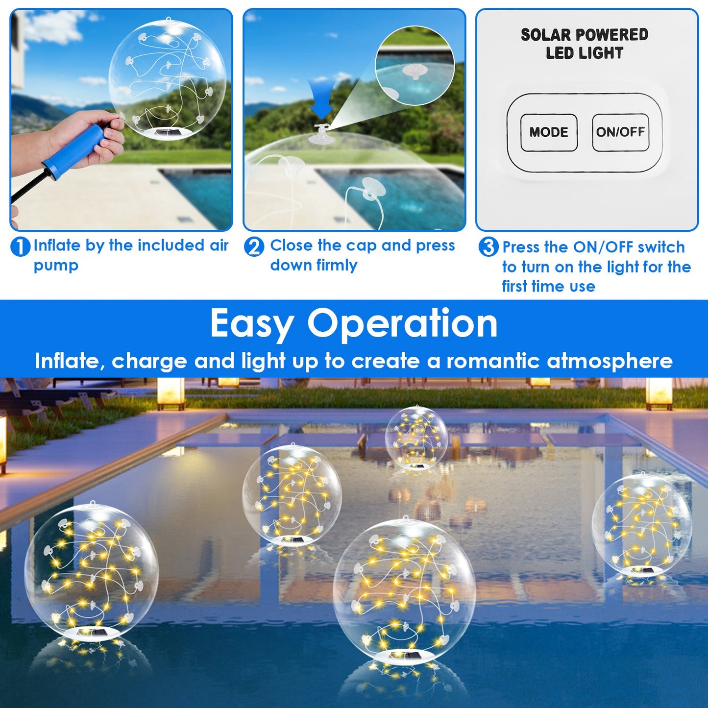 2Pcs 14in Solar Floating Pool Lights IP68 Waterproof With Remote