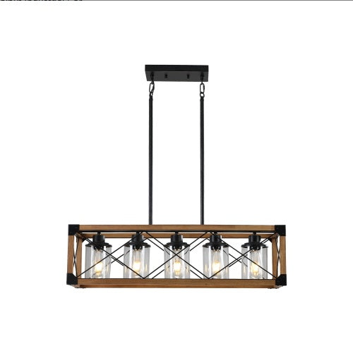 32-Inch Walnut Industrial Farmhouse 5-Light Rectangle Pendant