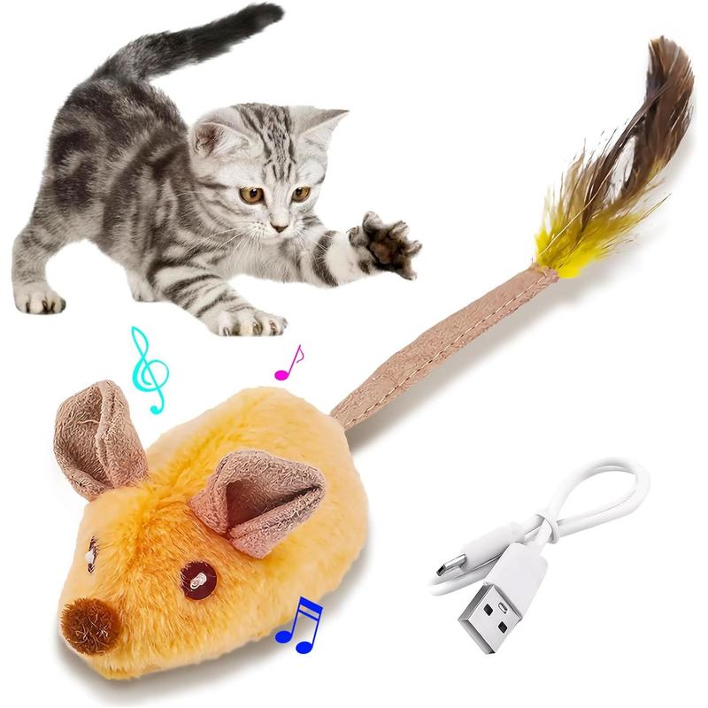 USB Rechargeable LED Cat Mouse Toy with Feather & Catnip – Automatic Moving Squeaky Toy