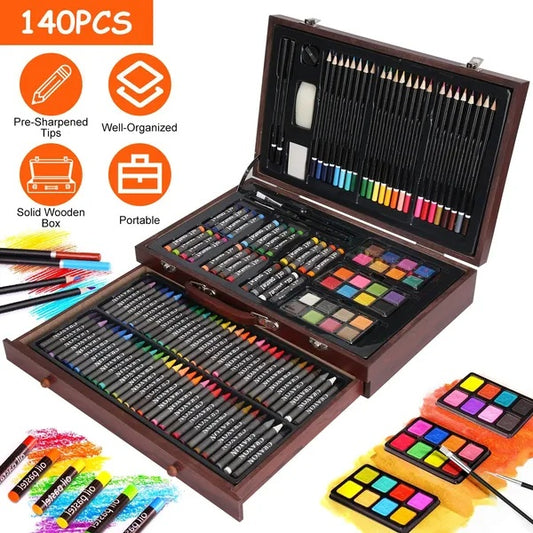 140-Piece Art Supplies Set – Colored Pencils, Oil Pastels, Watercolors & Brushes in Wooden Box