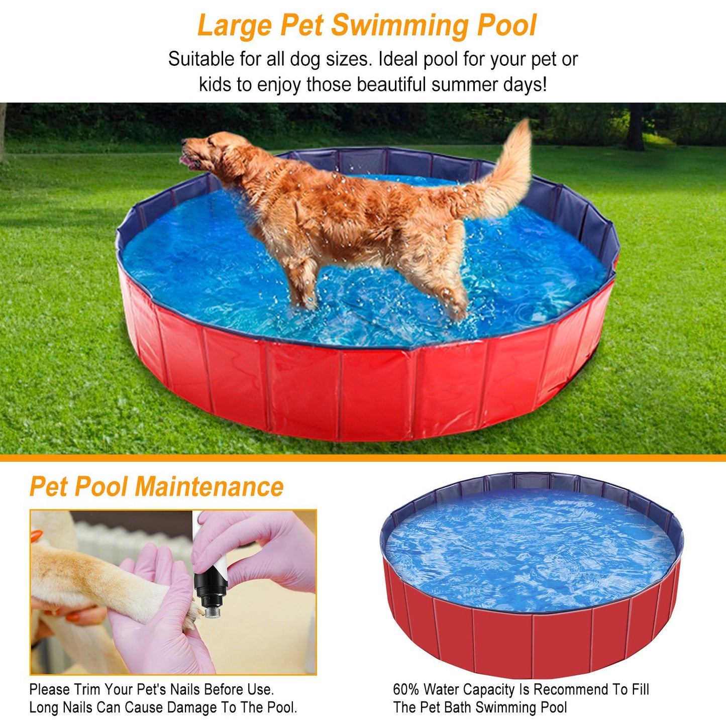 Foldable Pet Swimming Pool – 63"x63"x11.8" PVC Dog & Cat Bathing Tub, Outdoor/Indoor Play Pool
