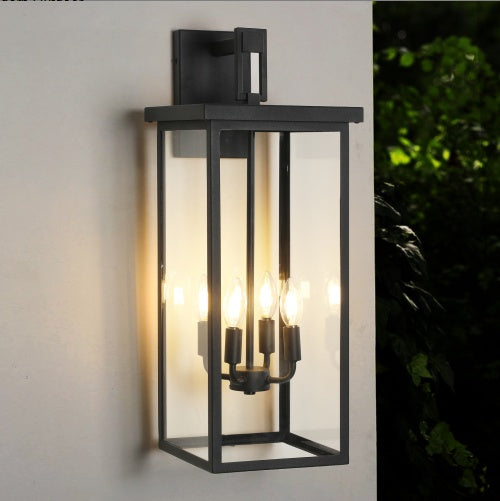 26-Inch Modern Outdoor Wall Lantern Black Metal Clear Glass