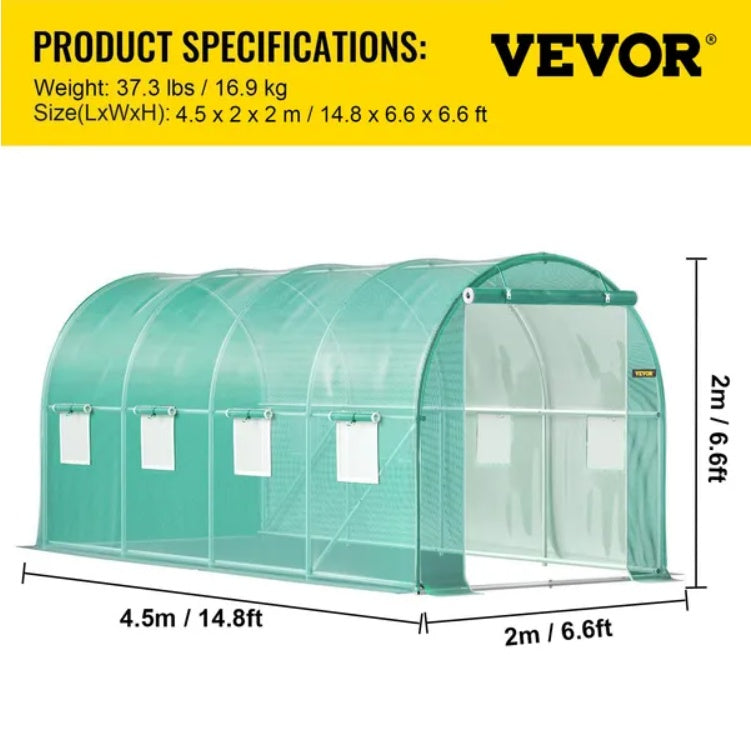 VEVOR 14.8×6.6×6.6 ft Walk-In Tunnel Greenhouse | Heavy-Duty Portable Plant Greenhouse with Galvanized Steel Frame, Roll-Up Windows & Zippered Door