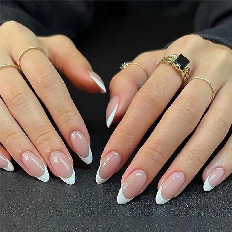 24PCS Minimalist Short Press-On Nails – Oval & Almond French Tip Fake Nails