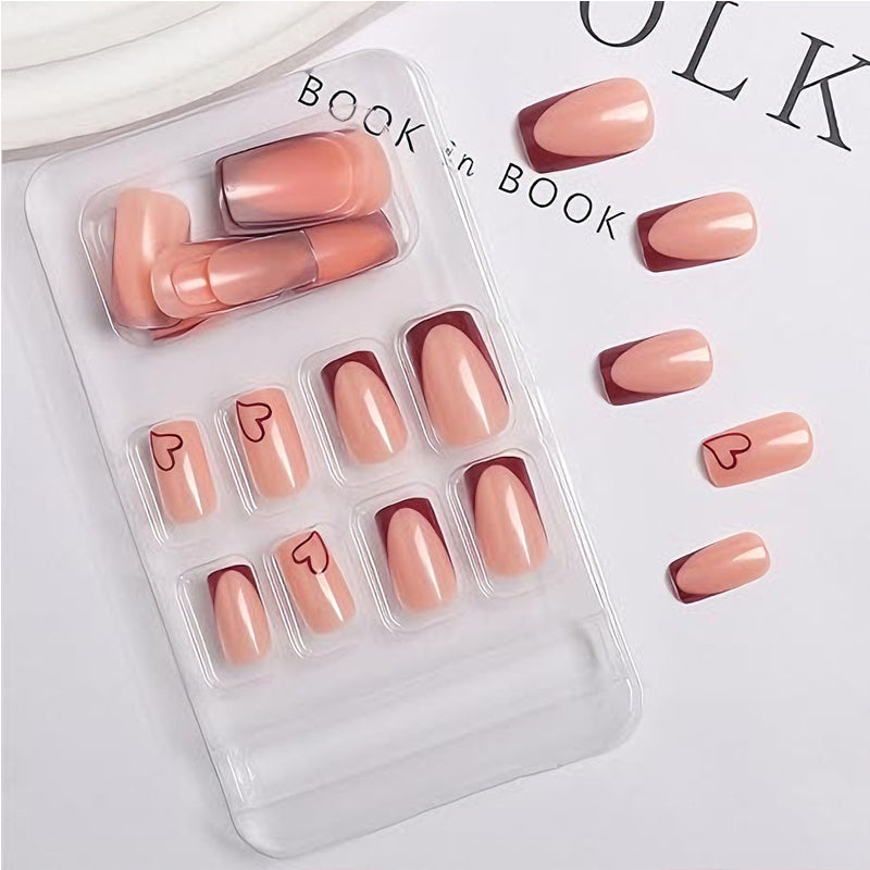 24PCS Valentine’s Day Press-On Nails – French Tip Medium Square Wine Red Heart Fake Nails, Natural Fit Gel Acrylic Glue-On Set