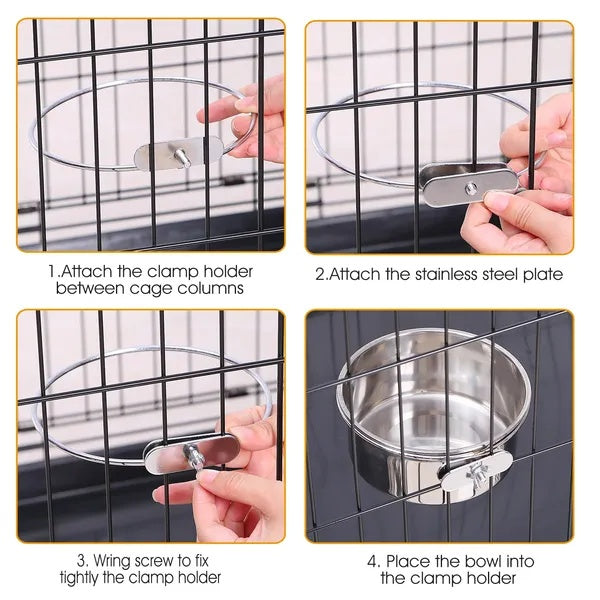 Detachable Pet Food & Water Bowl with Clamp Holder – No-Spill Cage Feeder for Dogs, Cats & Small Animals