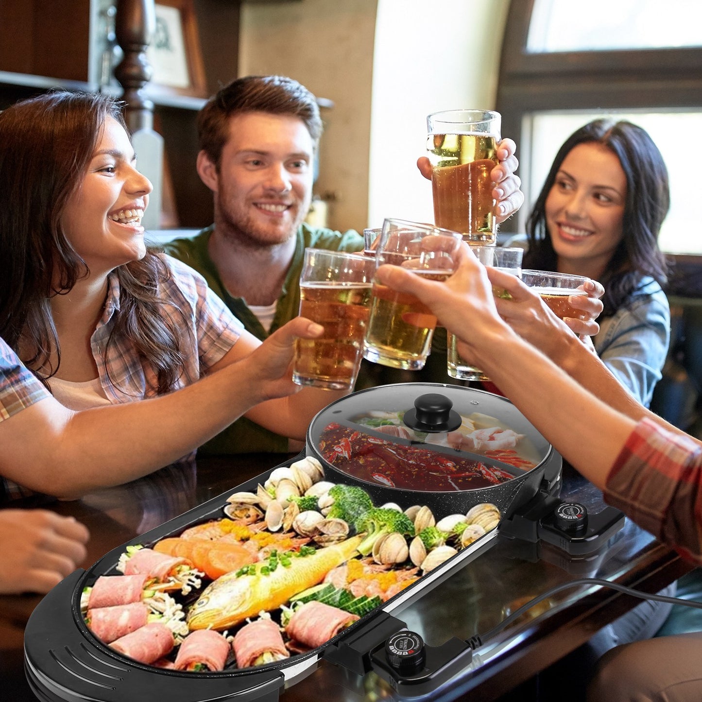 2200W 2-in-1 Electric Hot Pot with BBQ Grill – Smokeless Korean BBQ & Shabu Shabu Cooker