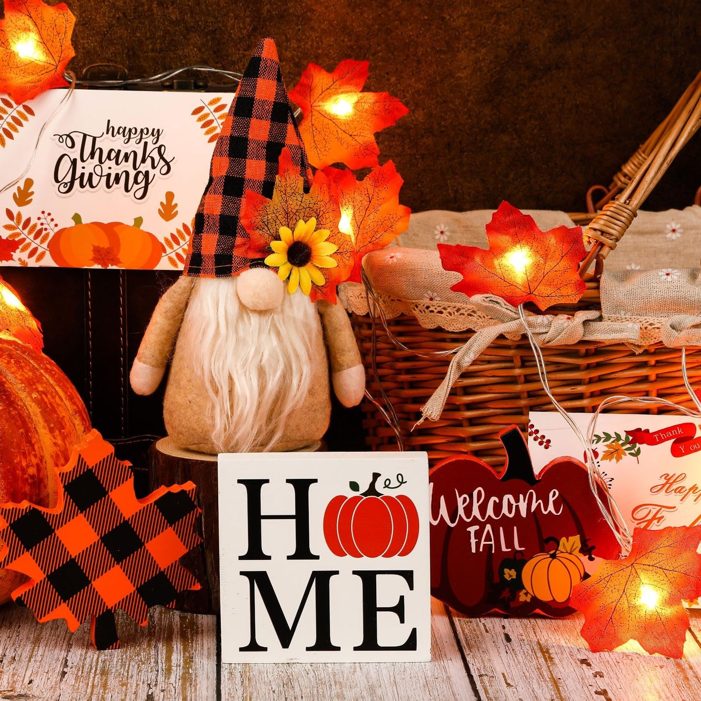 Fall Gnome Tiered Tray Set with Pumpkin & Maple Leaf Decor