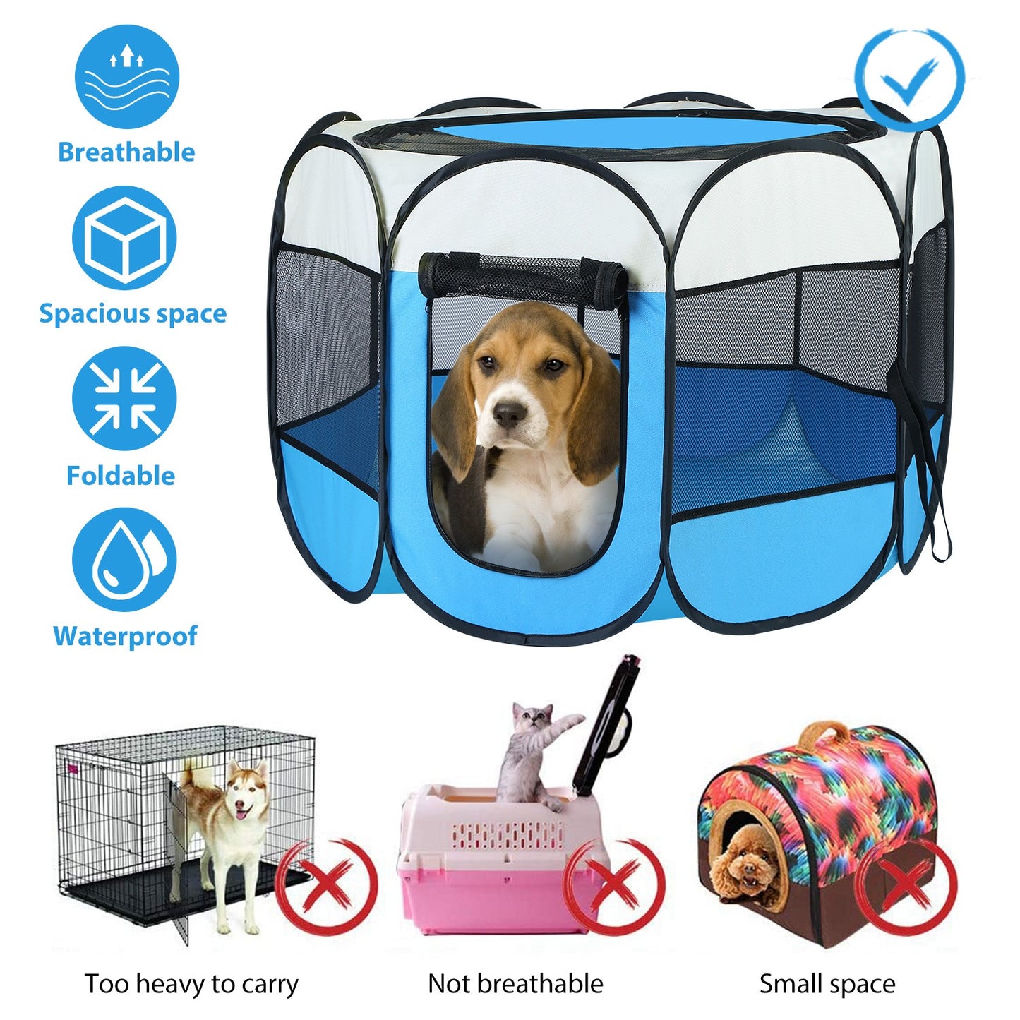 Pink & Blue Portable Foldable Pet Tent Exercise Pen – Indoor & Outdoor Kennel with Removable Zipper Top & Bottom, Water-Resistant for Dogs, Cats & Small Pets