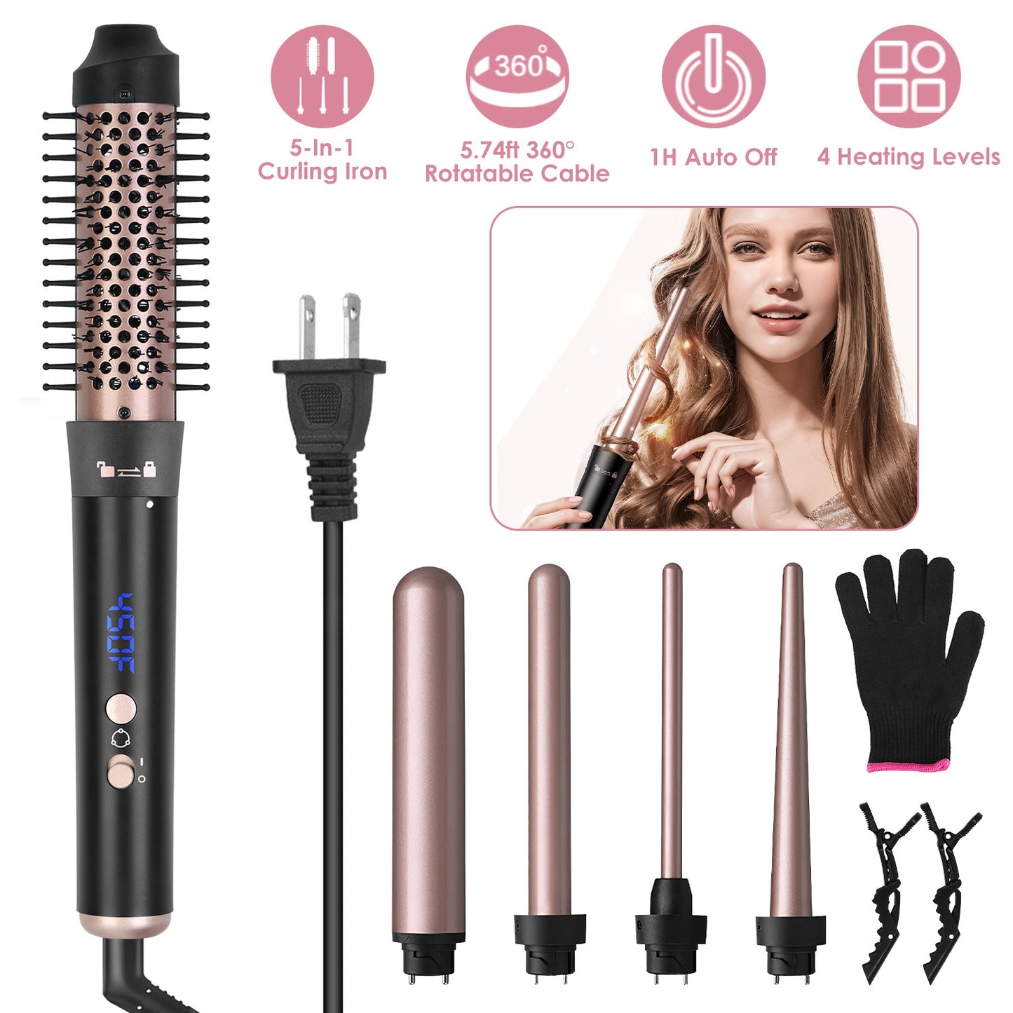 5-in-1 Curling Wand & Thermal Hair Brush – 4 Heat Levels, 360° Rotating, Anti-Tangle
