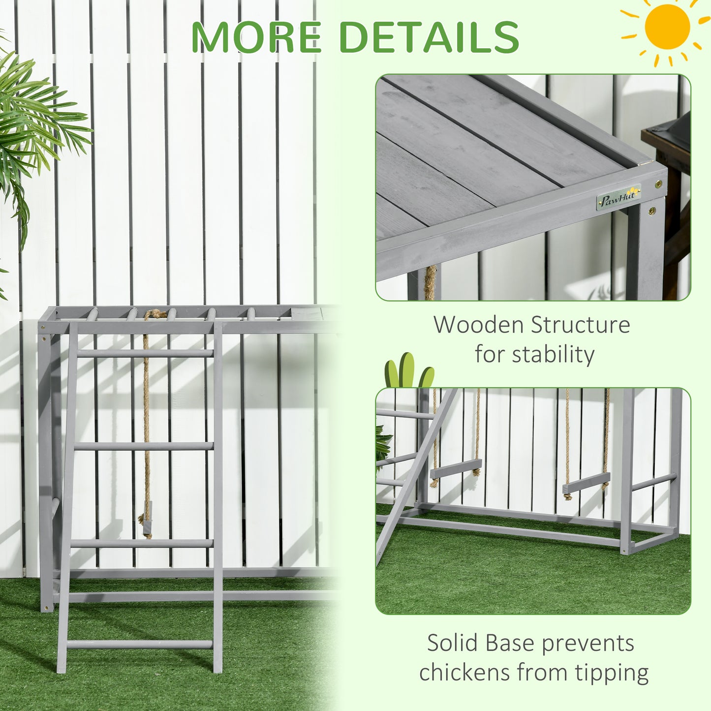 "Wooden Chicken Activity Playset – Swing Set, Perches & Hen Ladder for 3-4 Birds – Grey Coop Accessory"