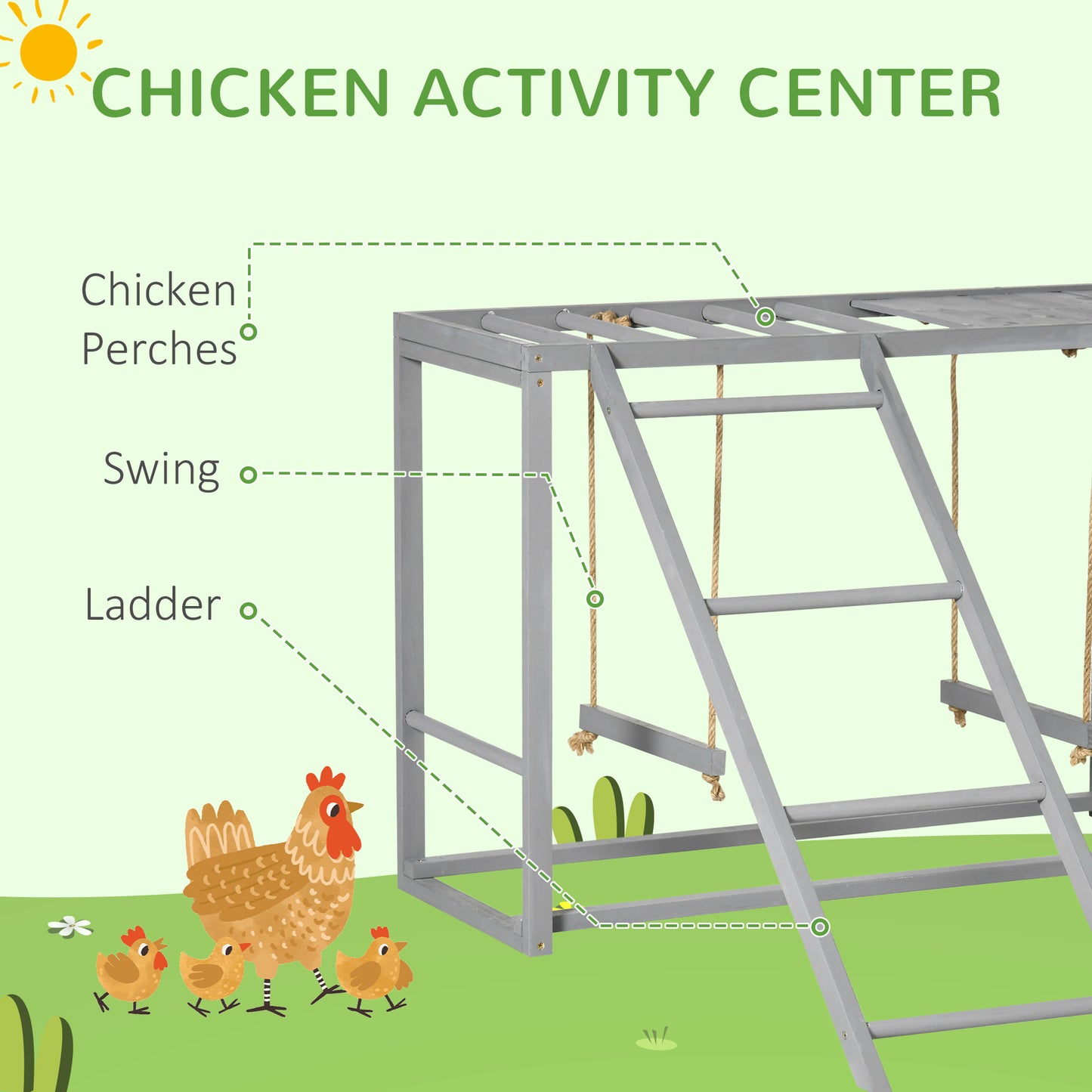 "Wooden Chicken Activity Playset – Swing Set, Perches & Hen Ladder for 3-4 Birds – Grey Coop Accessory"