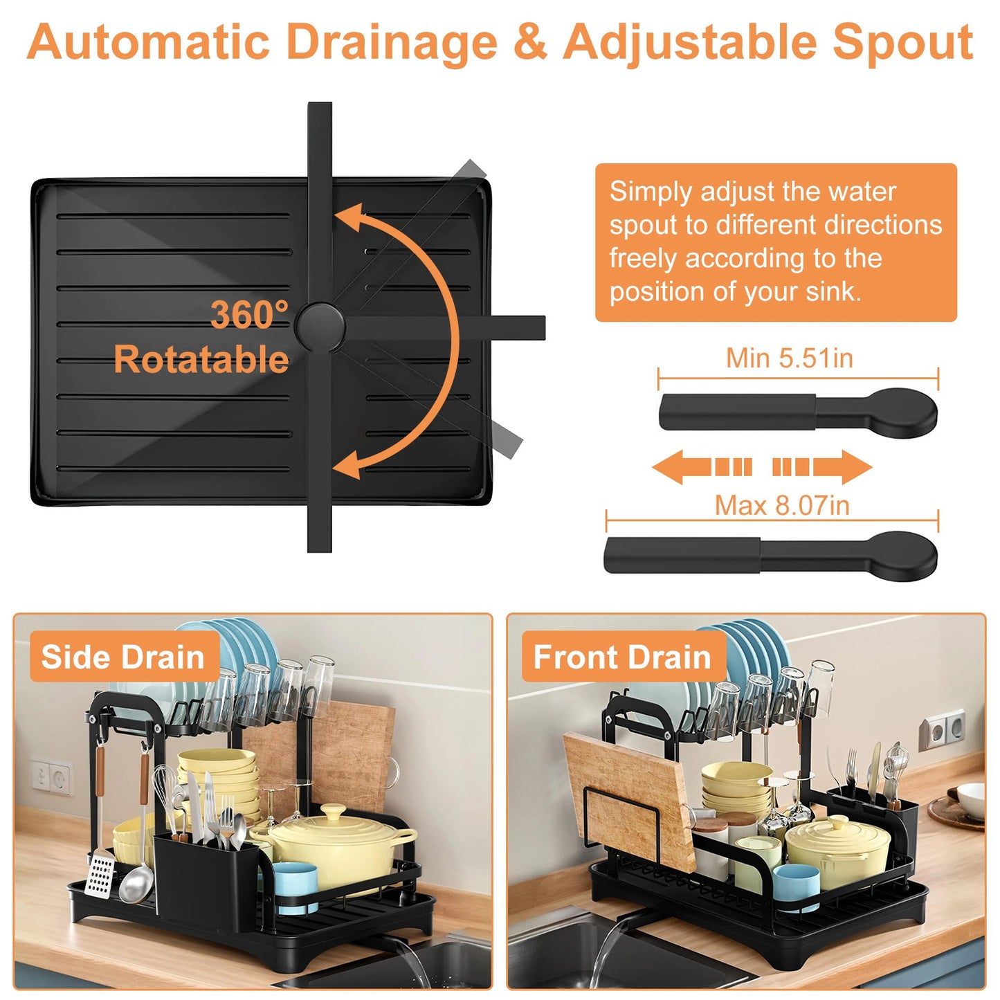2-Tier Dish Drying Rack – Rustproof Kitchen Counter Organizer with Drainboard & Utensil Holder