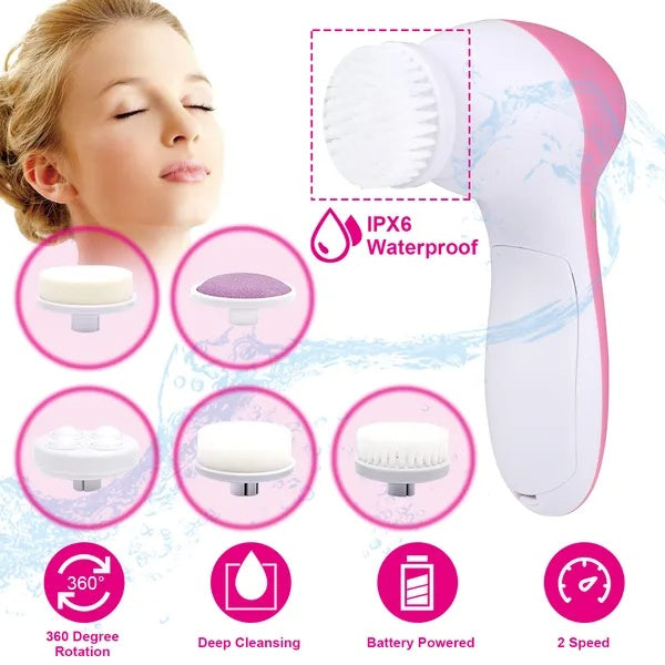 Waterproof Facial Cleansing Spin Brush with 5 Interchangeable Heads – Deep Pore Face Scrubber for Women