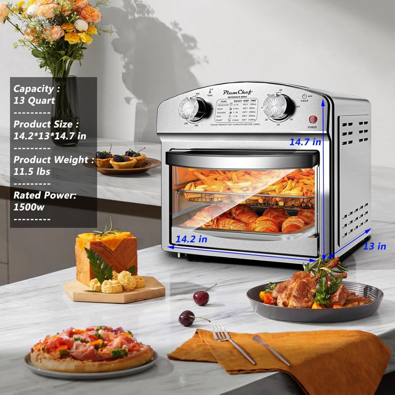 12.5 Qt Stainless Steel Air Fryer Dual Knob Preset Timer