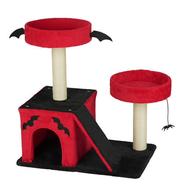Halloween Cat Tree for Large Cats – Gothic Cat Tower with Condo, Perches, Scratching Posts & Ladder (Red & Black)