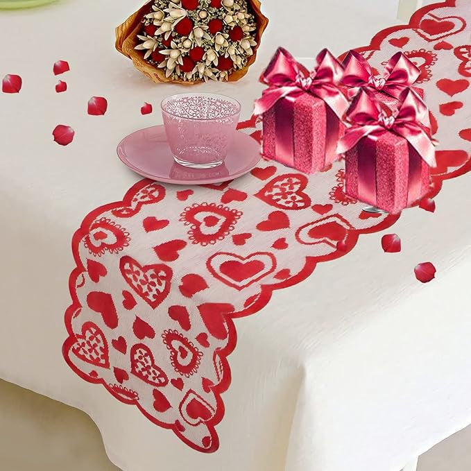 Valentine’s Day Lace Heart Table Runner – 13x72in Wedding & Party Decoration