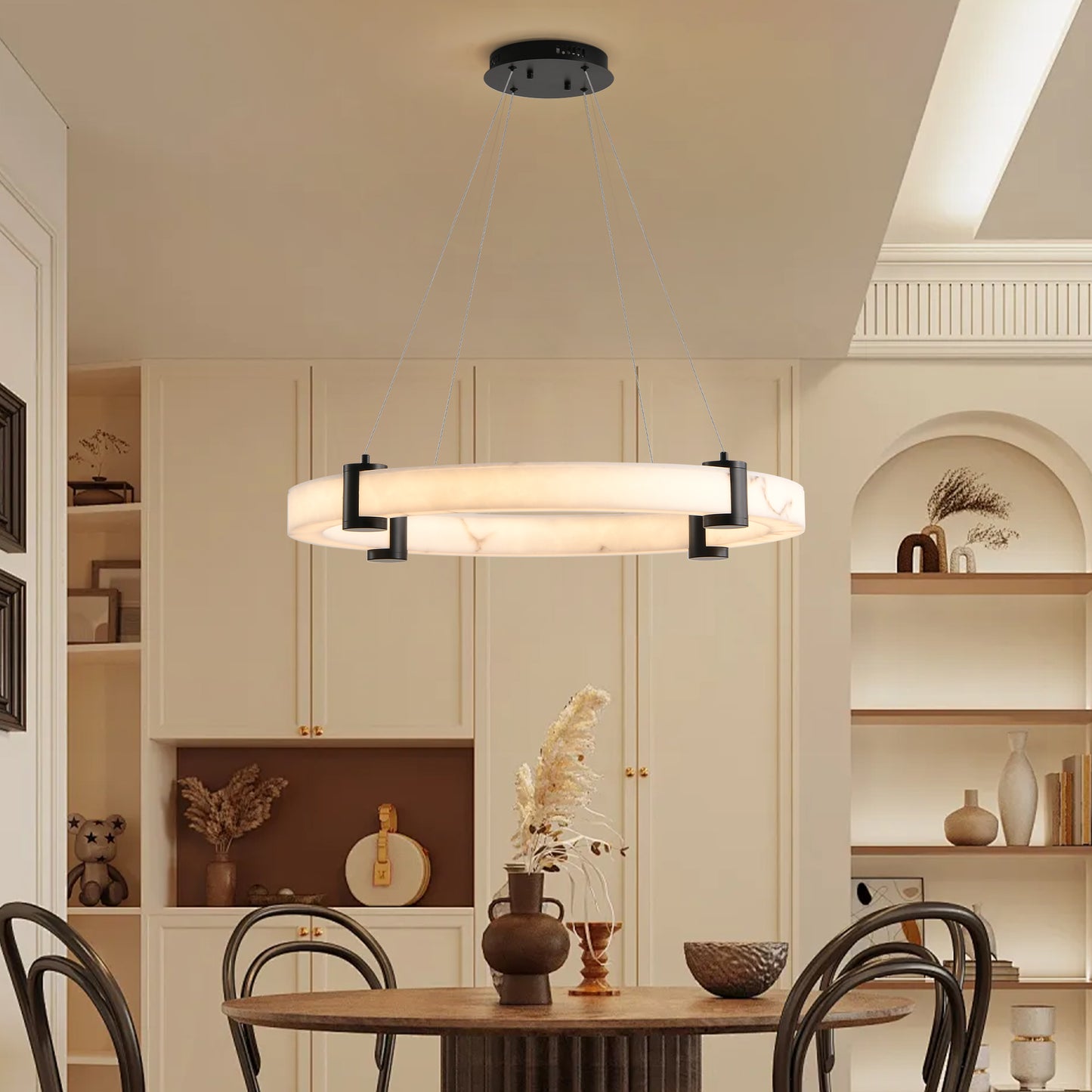 Modern LED Ring Pendant Light 24-Inch Marble Finish Chandelier