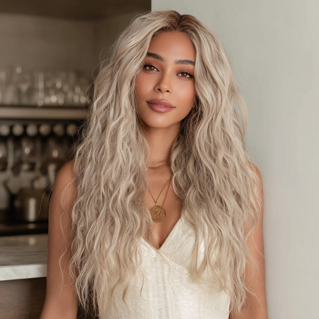 Gray Ombre Wavy Curly Lace Front Wig – European & American Style T-Shaped SM9017 for Women