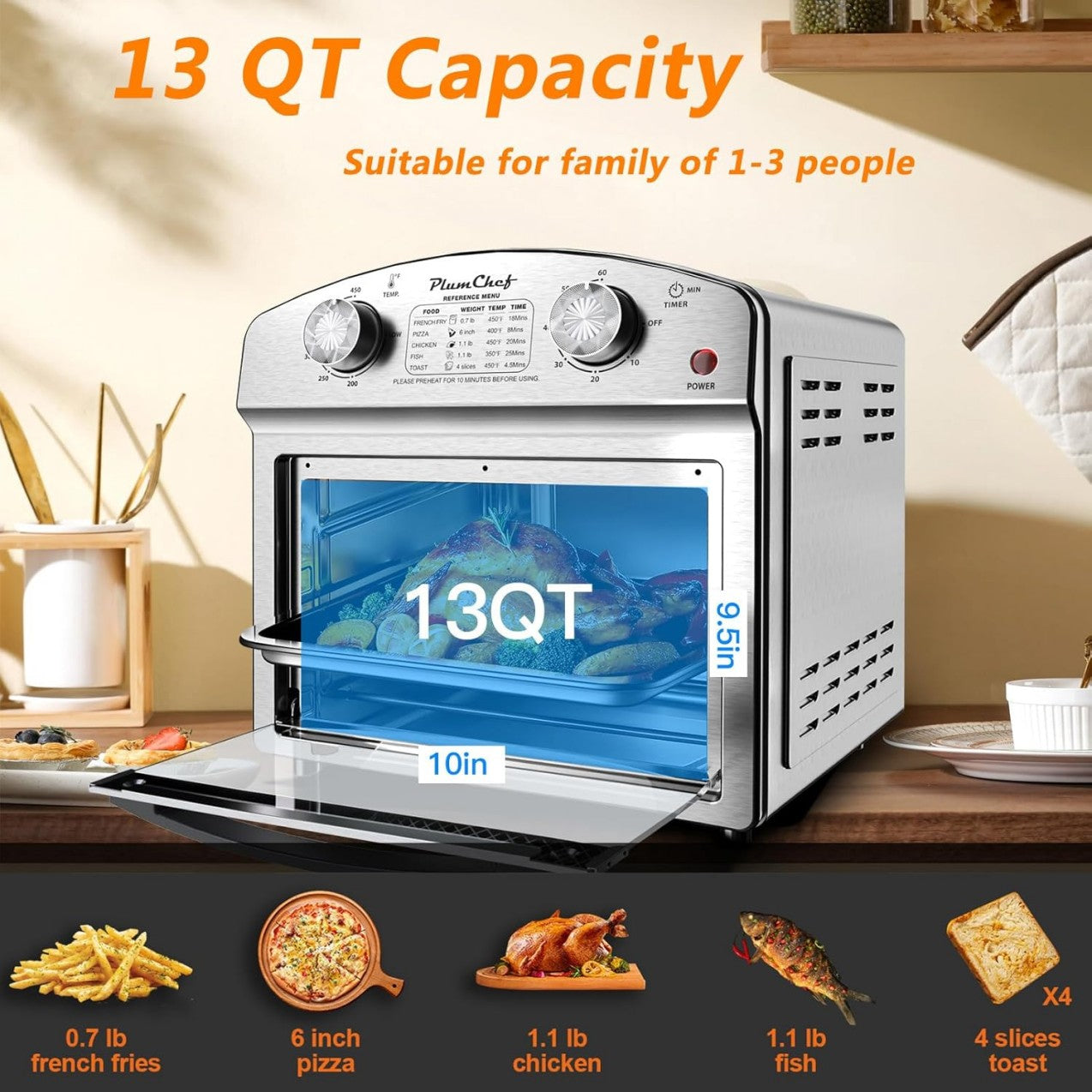 12.5 Qt Stainless Steel Air Fryer Dual Knob Preset Timer