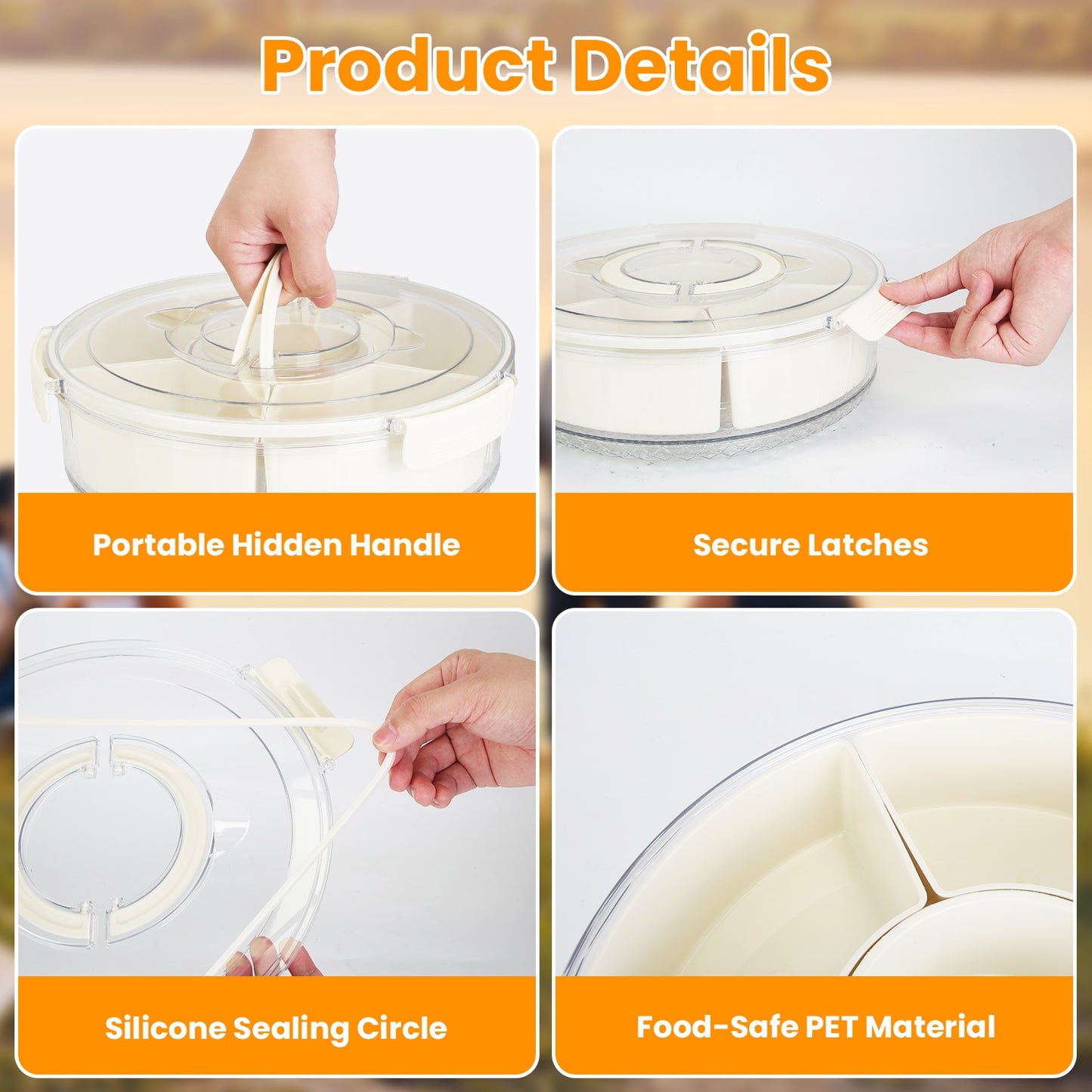2PCS Rotating Divided Serving Tray with Lid & Handle – 6-Compartment Snack Box