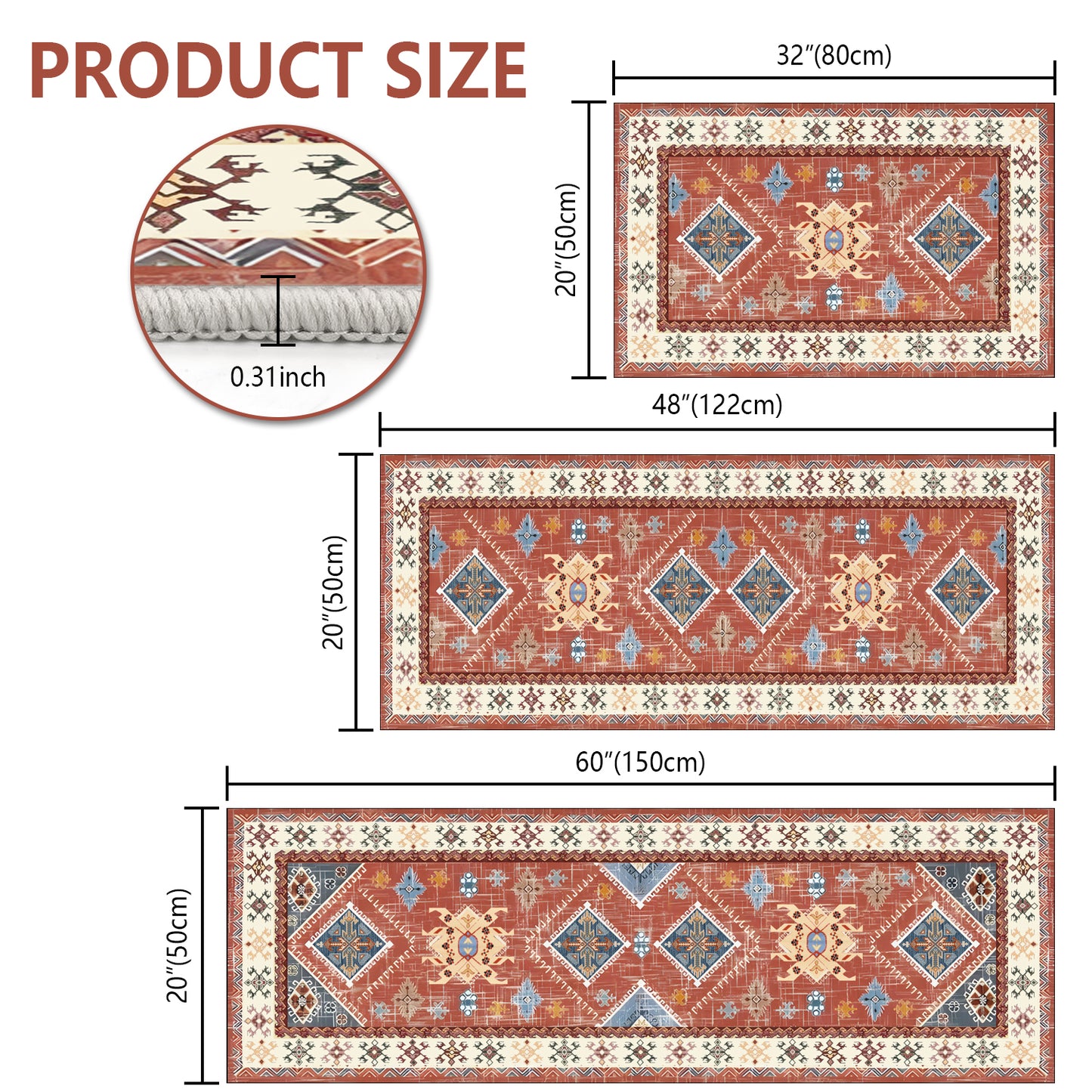 Boho 3-Piece Kitchen Rug Set – Thick Non-Slip Washable Runner Mats for Kitchen, Hallway & Laundry Room