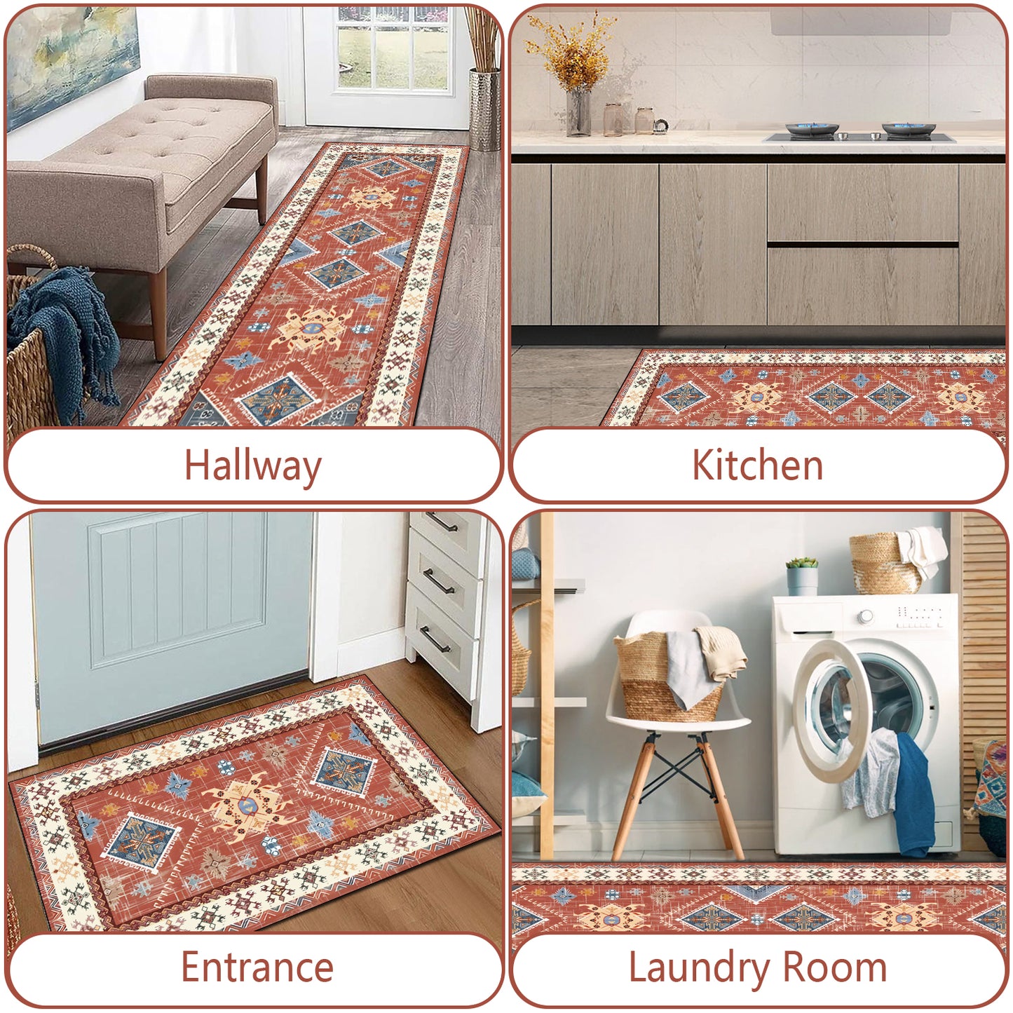 Boho 3-Piece Kitchen Rug Set – Thick Non-Slip Washable Runner Mats for Kitchen, Hallway & Laundry Room