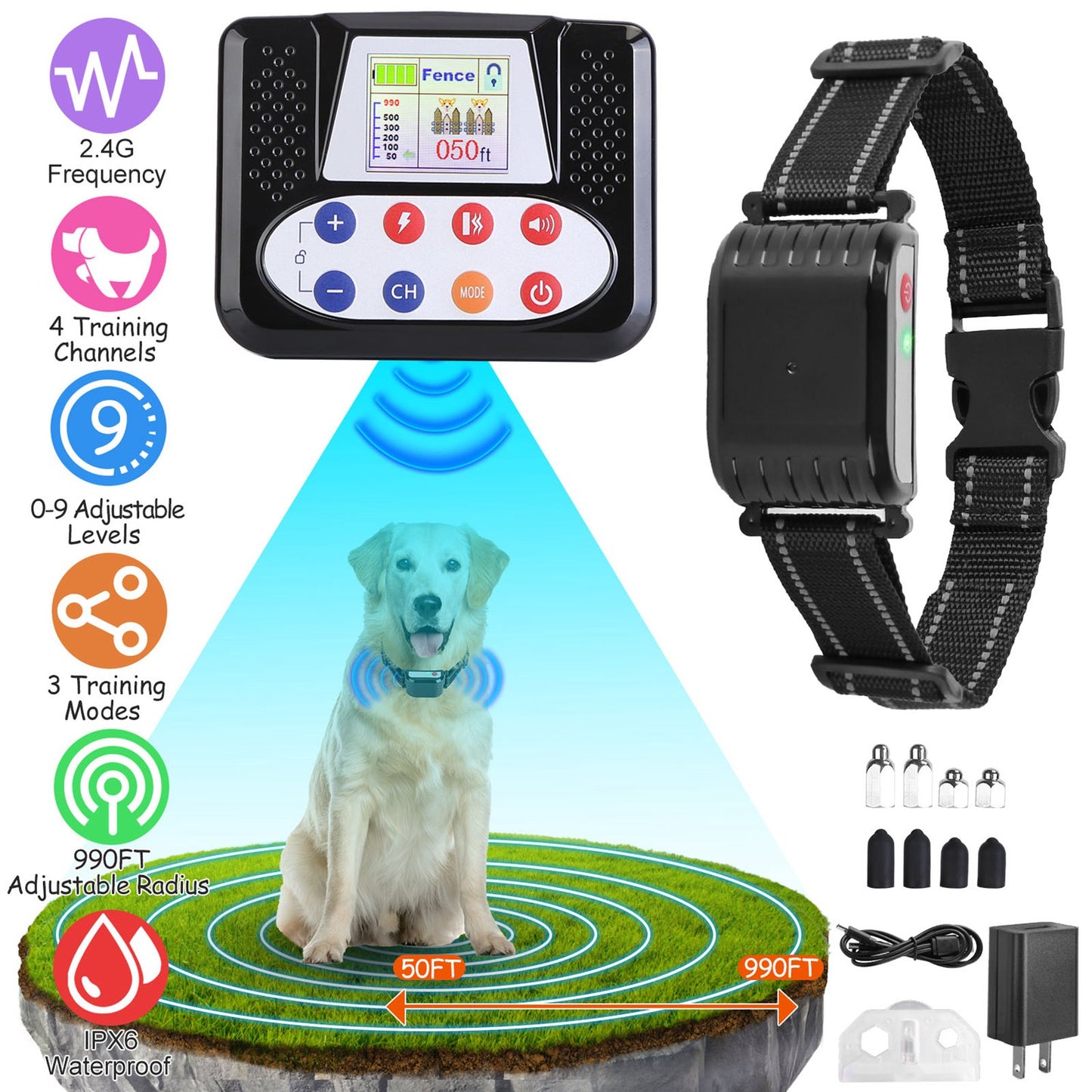 “Wireless Dog Fence Training Collar – 990FT Range, IPX6 Waterproof, Remote with Beep, Vibration & Shock Modes, 0-9 Levels, 4 Channels, Rechargeable”