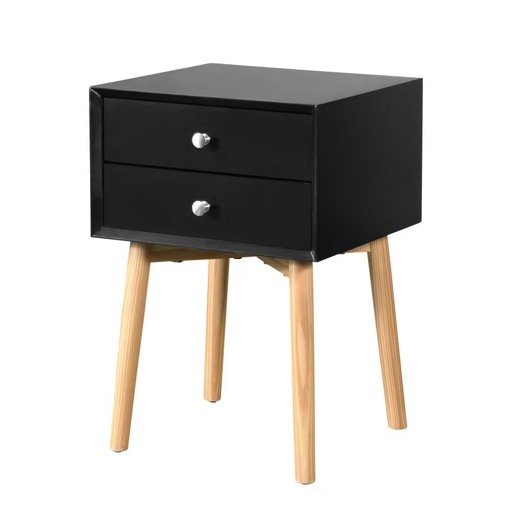 Mid-Century Modern Bedside Table With 2 Drawers, Rubber Wood Legs Nightstand Storage Cabinet