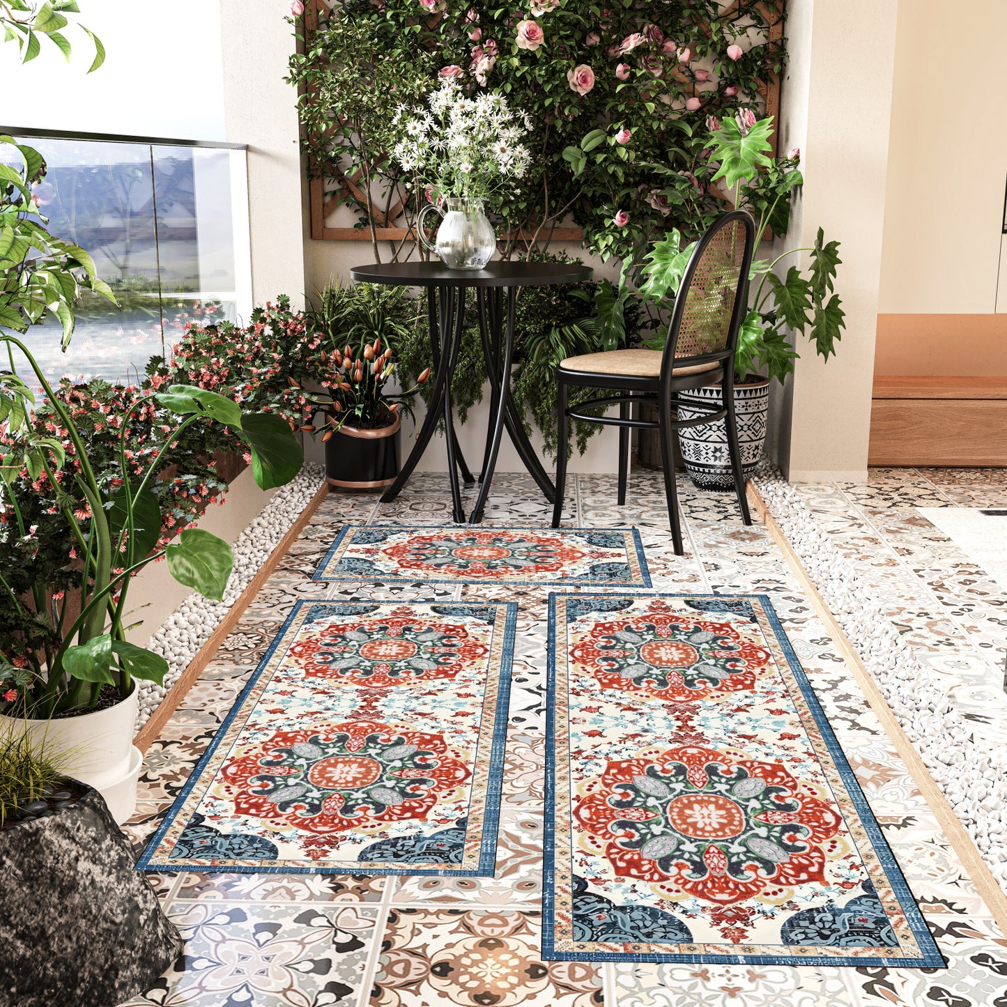 Boho 3-Piece Kitchen Rug Set – Washable Non-Slip Floor Mats with TPR Backing for Kitchen, Laundry & Hallway