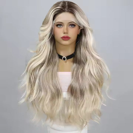European & American T-Part Lace Wavy Curly Gold Ombre Wig