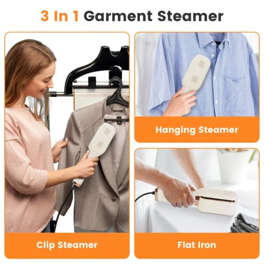 3-in-1 Handheld Travel Garment Steamer – 1000W, 180° Rotating Head, Flat Iron & Clip, Dry & Wet Ironing, 20oz Leak-Proof Tank, Lightweight for Home & Travel