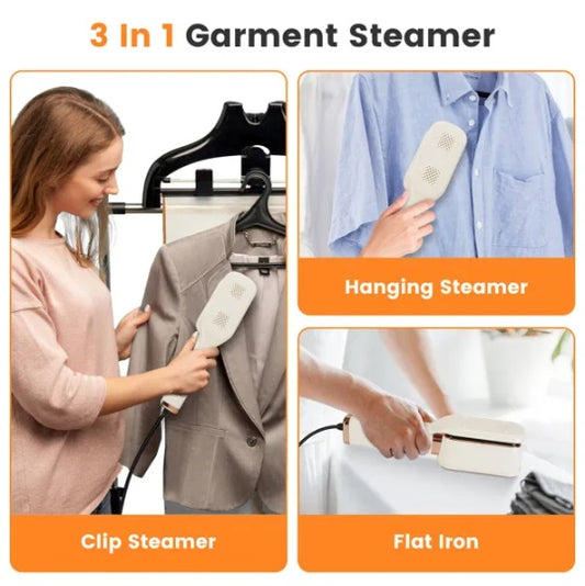3-in-1 Handheld Travel Garment Steamer – 1000W, 180° Rotating Head, Flat Iron & Clip, Dry & Wet Ironing, 20oz Leak-Proof Tank, Lightweight for Home & Travel